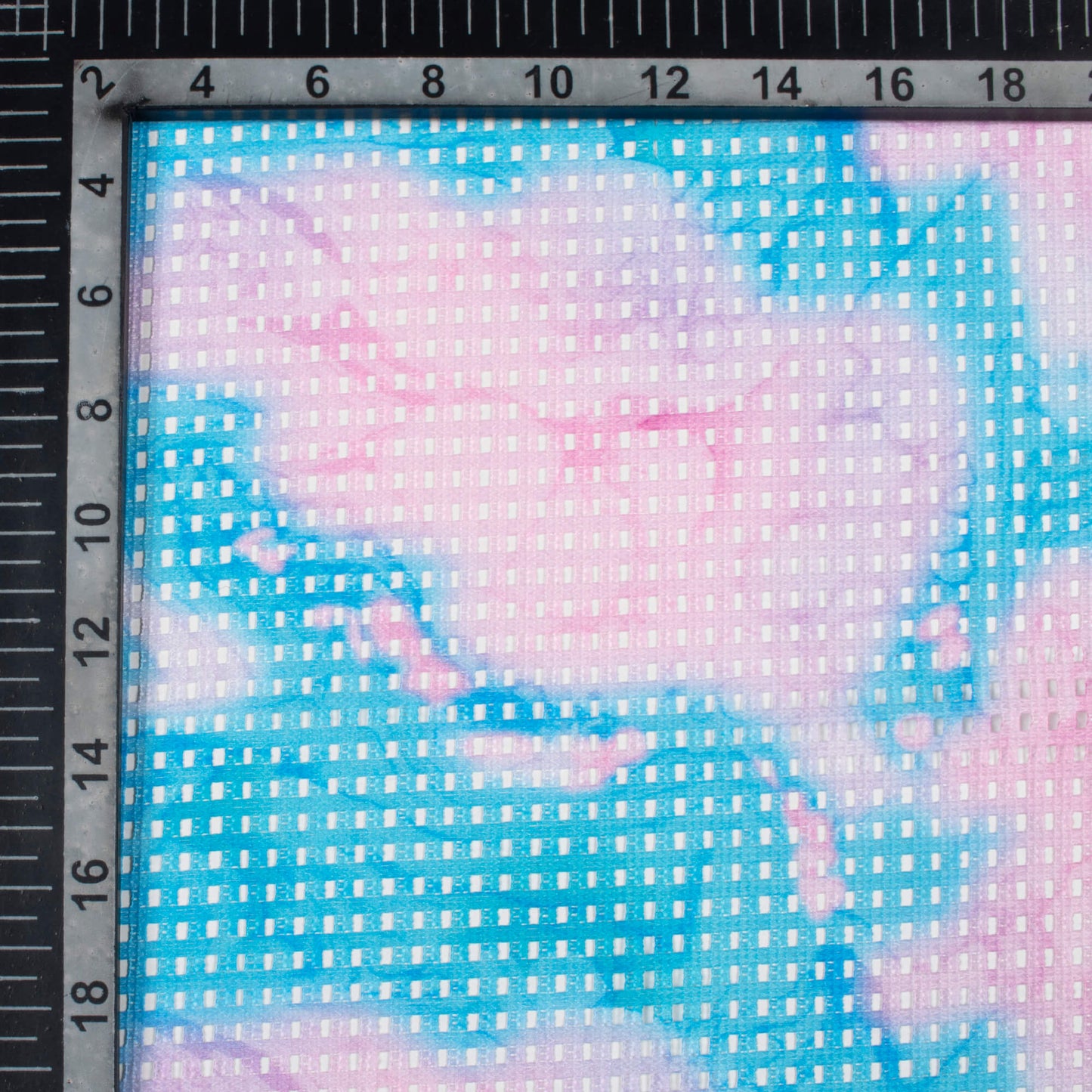 Carnation Pink And Blue Tie & Dye Pattern Digital Print Checks Raschel Net Fabric (Width 58 Inches)