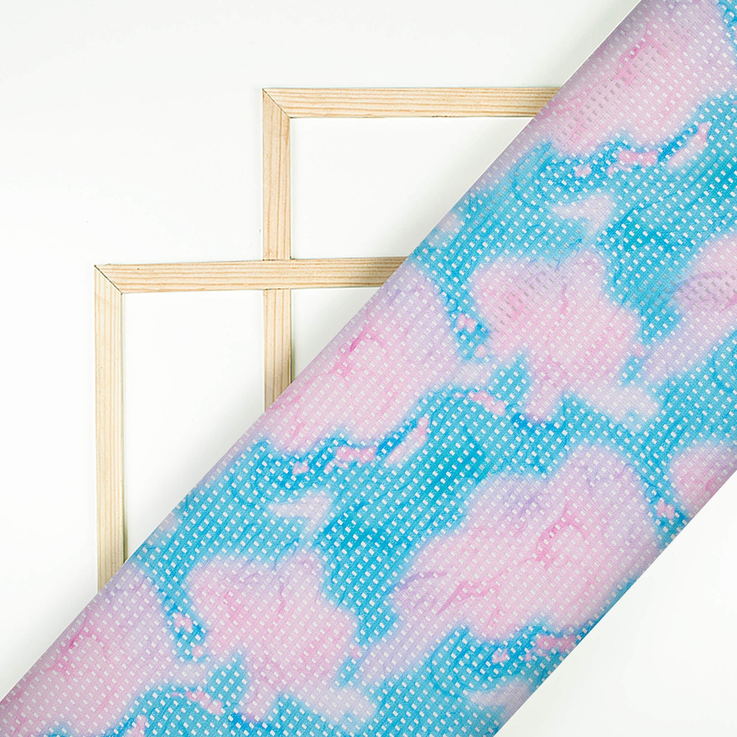 Carnation Pink And Blue Tie & Dye Pattern Digital Print Checks Raschel Net Fabric (Width 58 Inches)