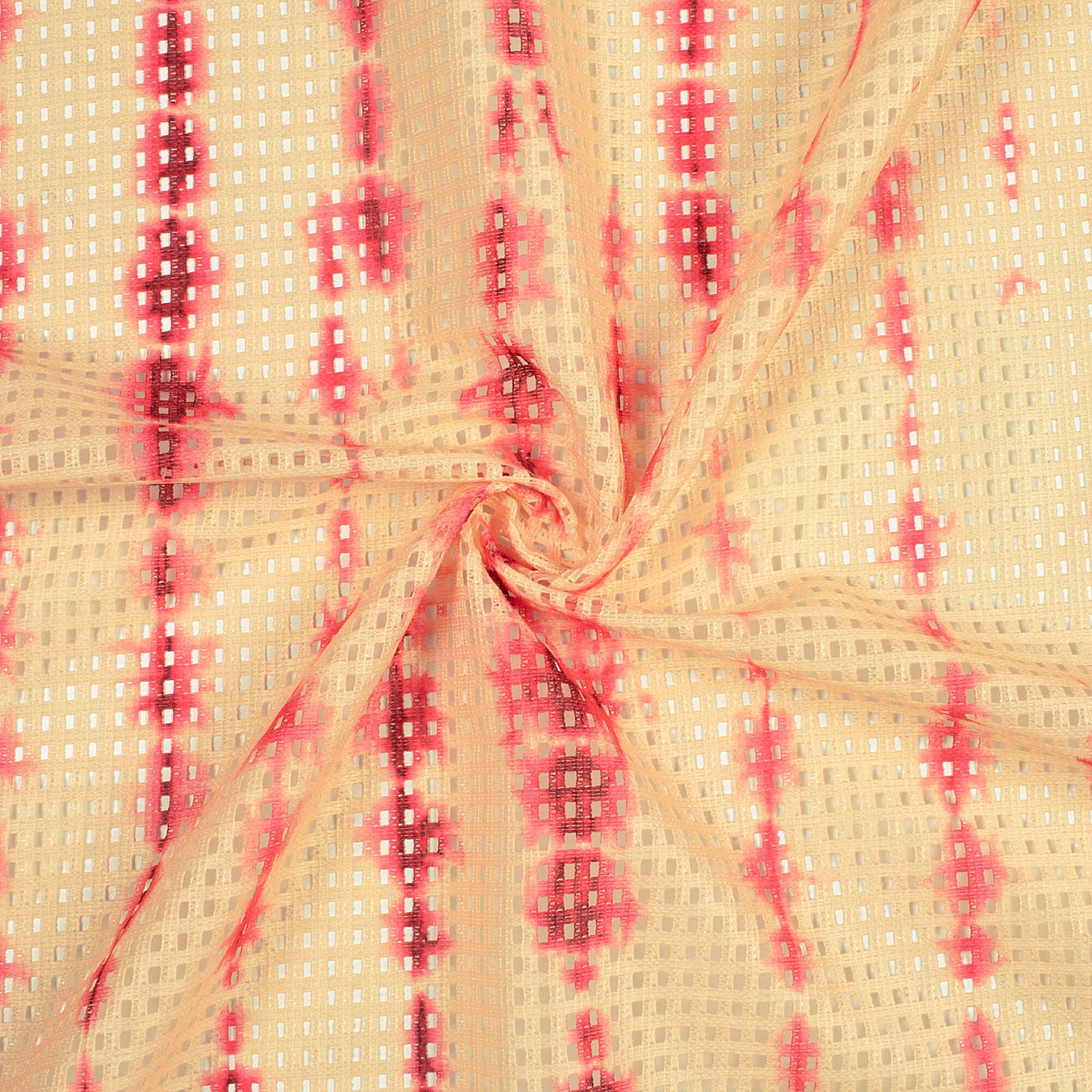 Beige And Pink Shibori Pattern Digital Print Checks Raschel Net Fabric (Width 58 Inches)