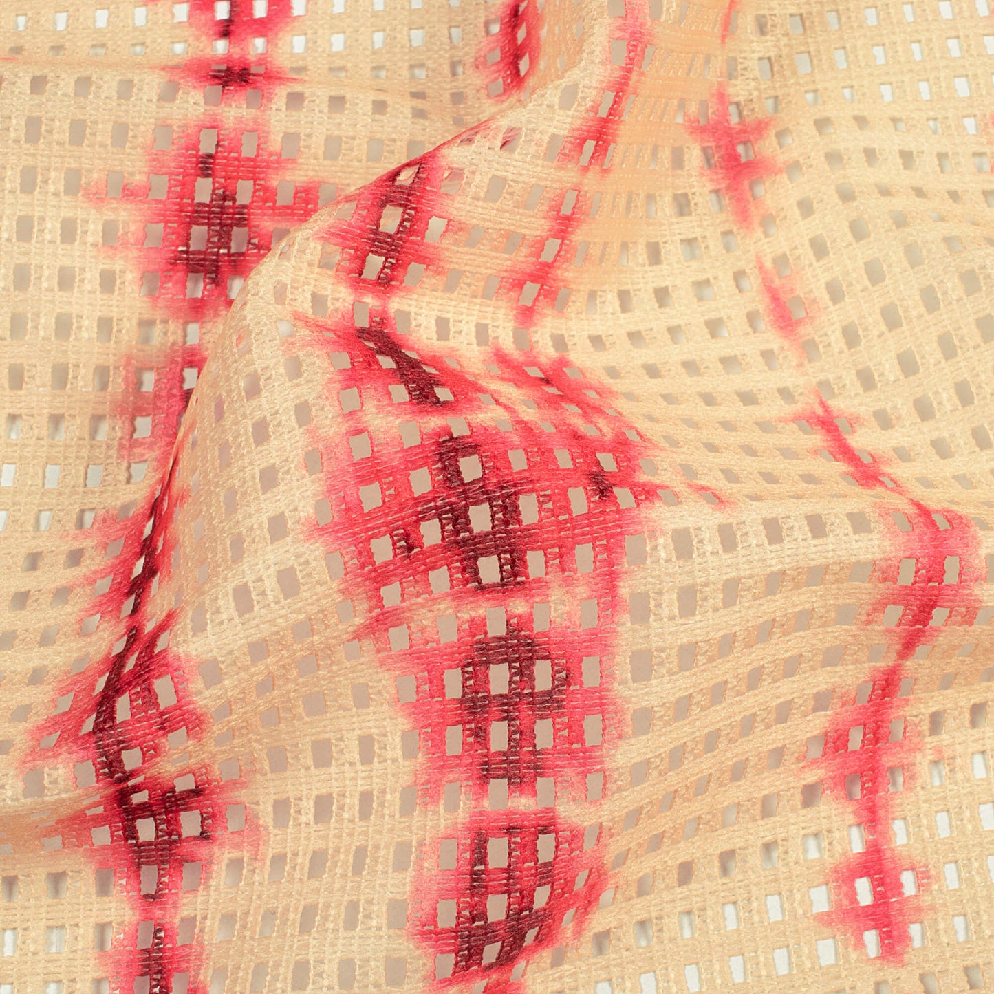 Beige And Pink Shibori Pattern Digital Print Checks Raschel Net Fabric (Width 58 Inches)