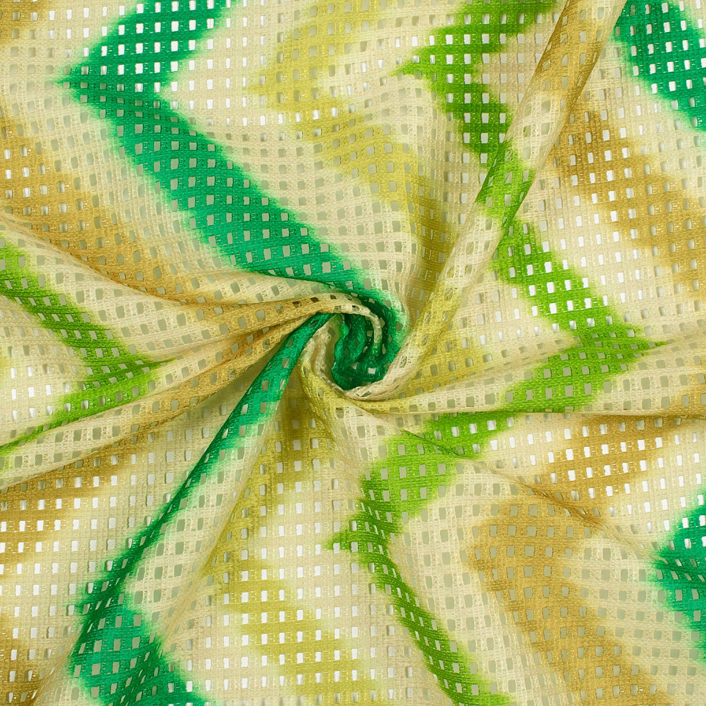 Green And Beige Chevron Pattern Digital Print Checks Raschel Net Fabric (Width 58 Inches)