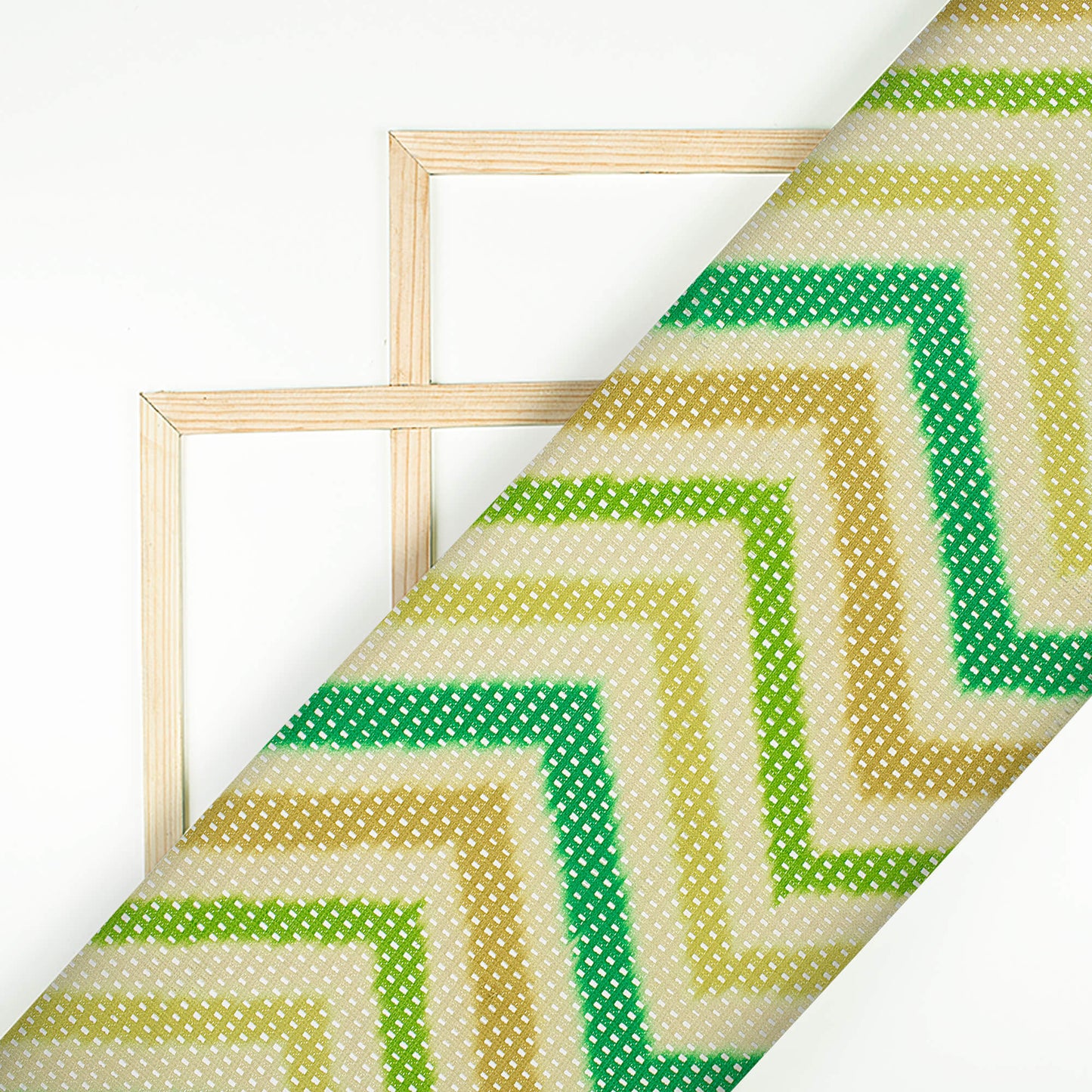 Green And Beige Chevron Pattern Digital Print Checks Raschel Net Fabric (Width 58 Inches)