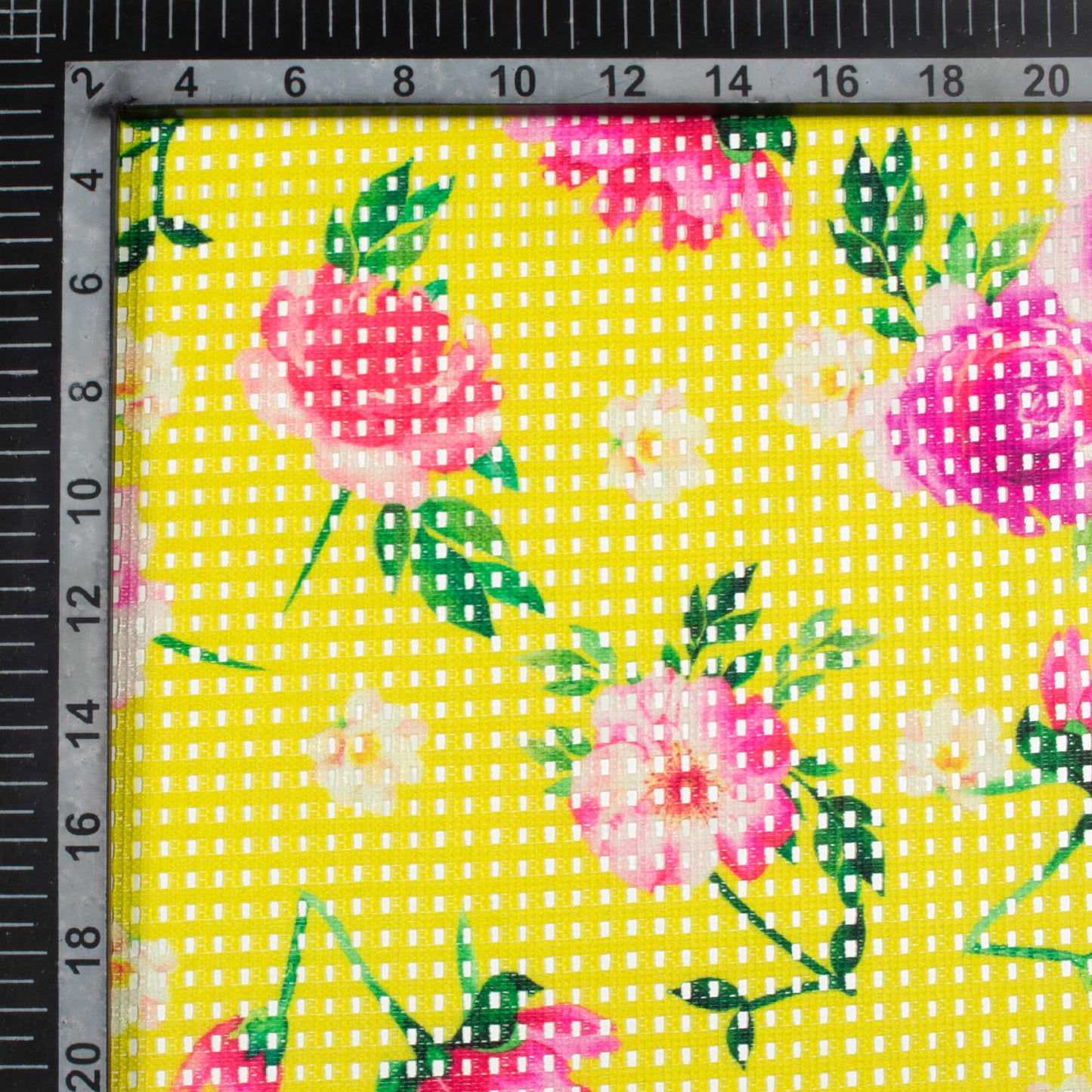 Bumblebee Yellow And Pink Floral Pattern Digital Print Checks Raschel Net Fabric (Width 58 Inches)