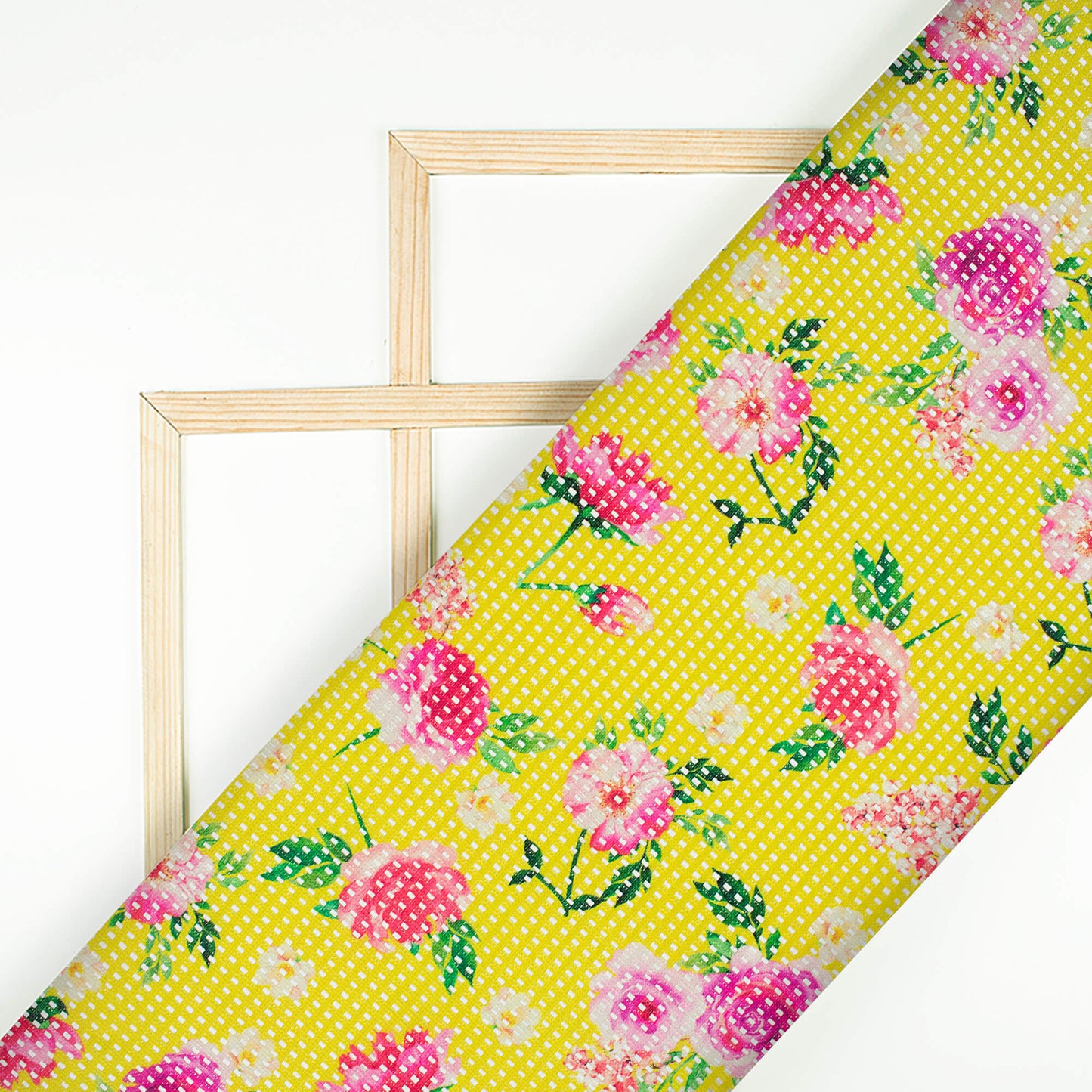 Bumblebee Yellow And Pink Floral Pattern Digital Print Checks Raschel Net Fabric (Width 58 Inches)