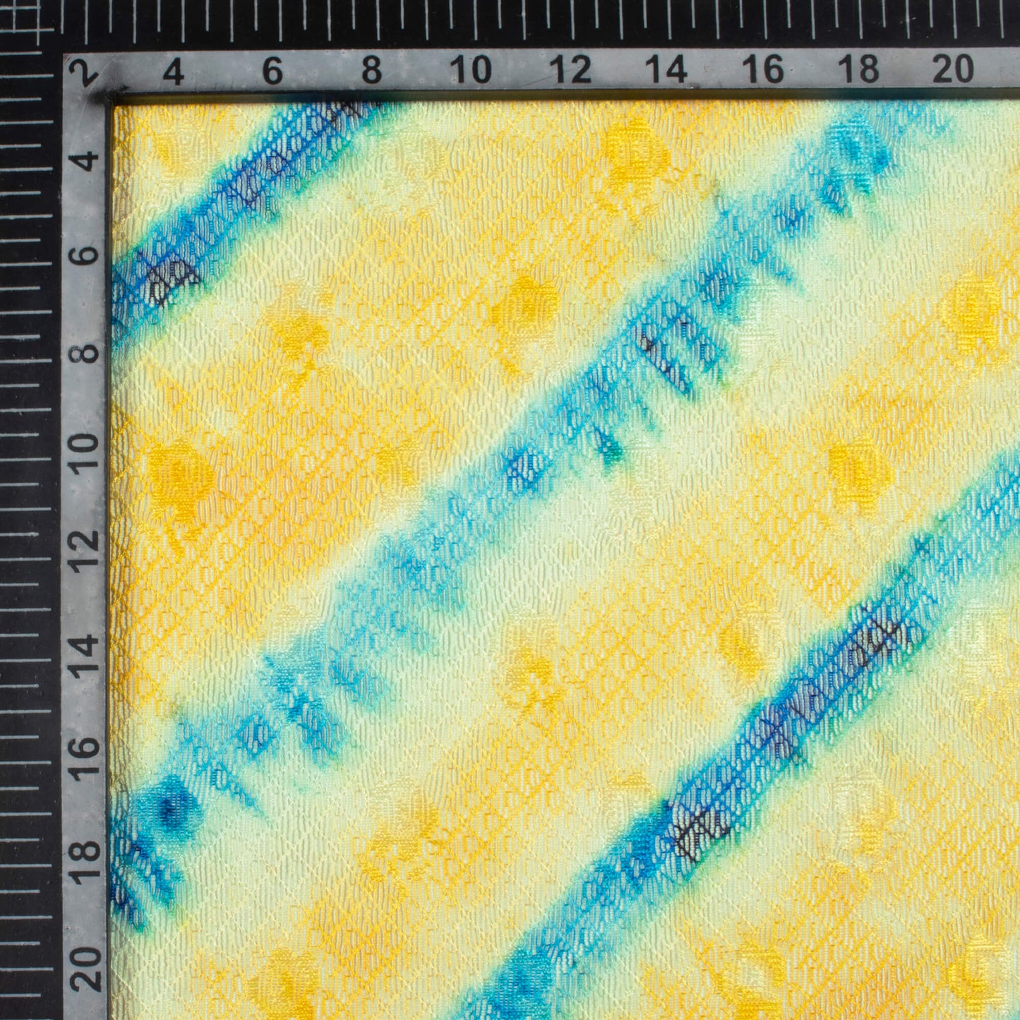 Bumblebee Yellow And Azure Blue Leheriya Pattern Digital Print Booti Raschel Net Fabric (Width 58 Inches)