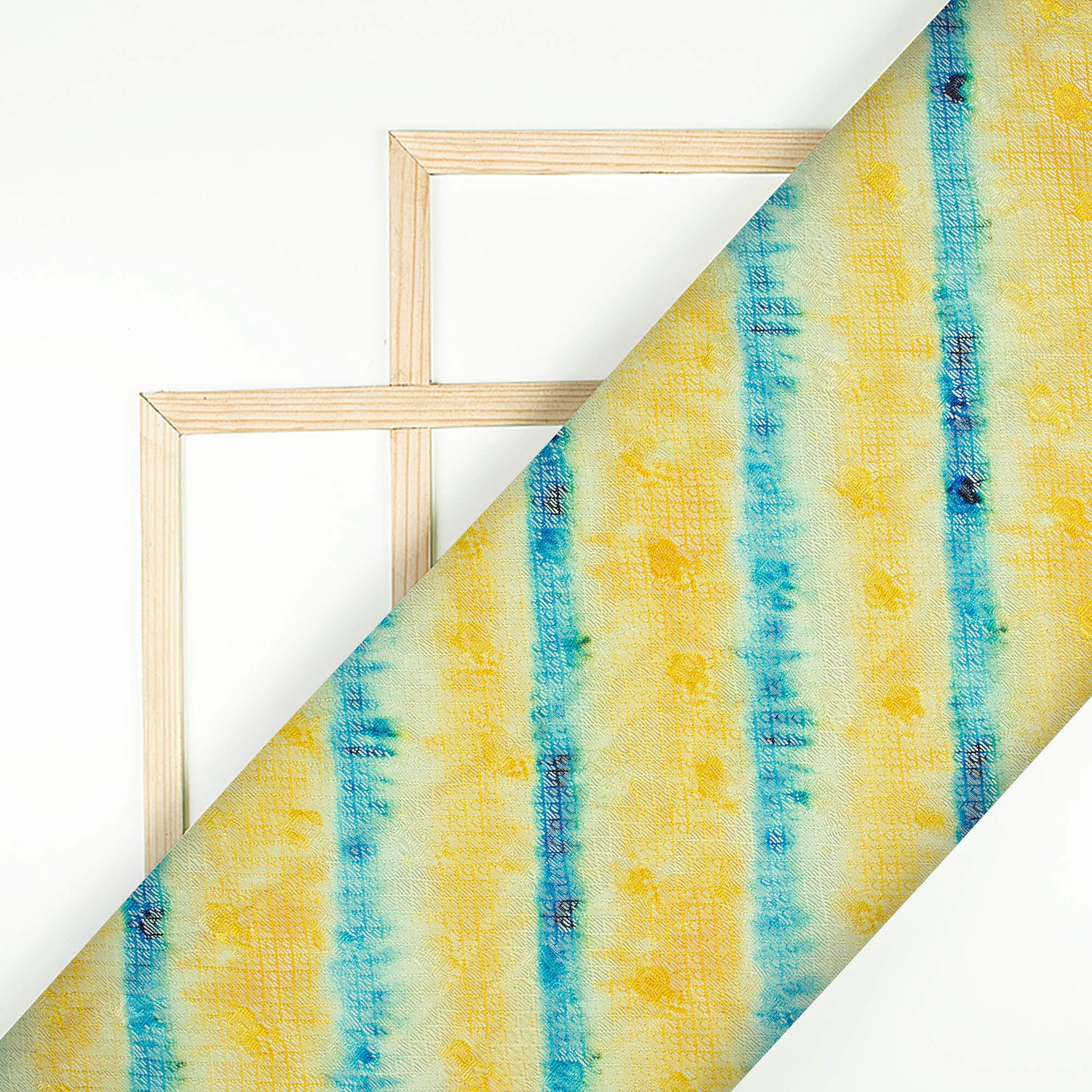 Bumblebee Yellow And Azure Blue Leheriya Pattern Digital Print Booti Raschel Net Fabric (Width 58 Inches)