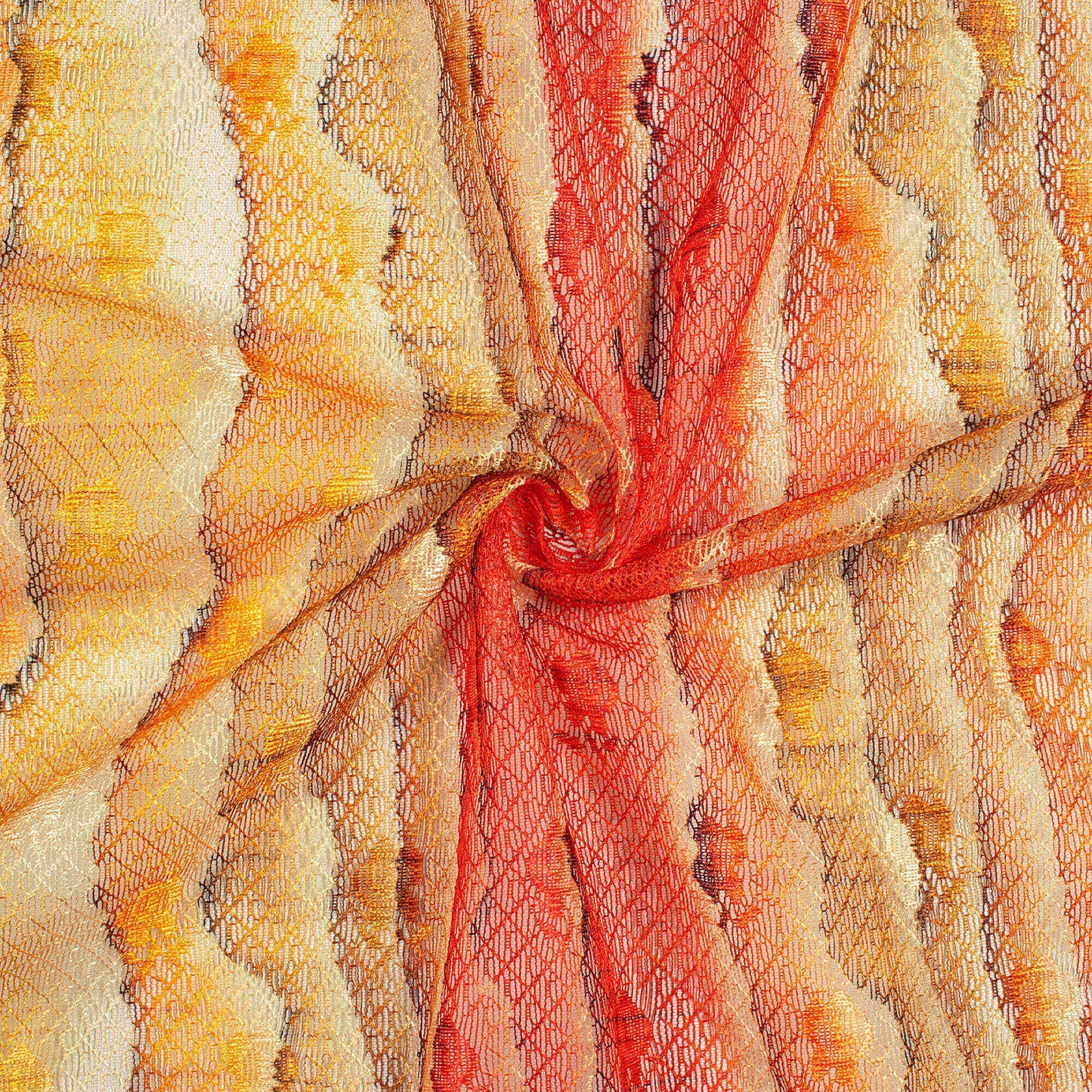 Cherry Red And Yellow Stripes Pattern Digital Print Booti Raschel Net Fabric (Width 58 Inches)