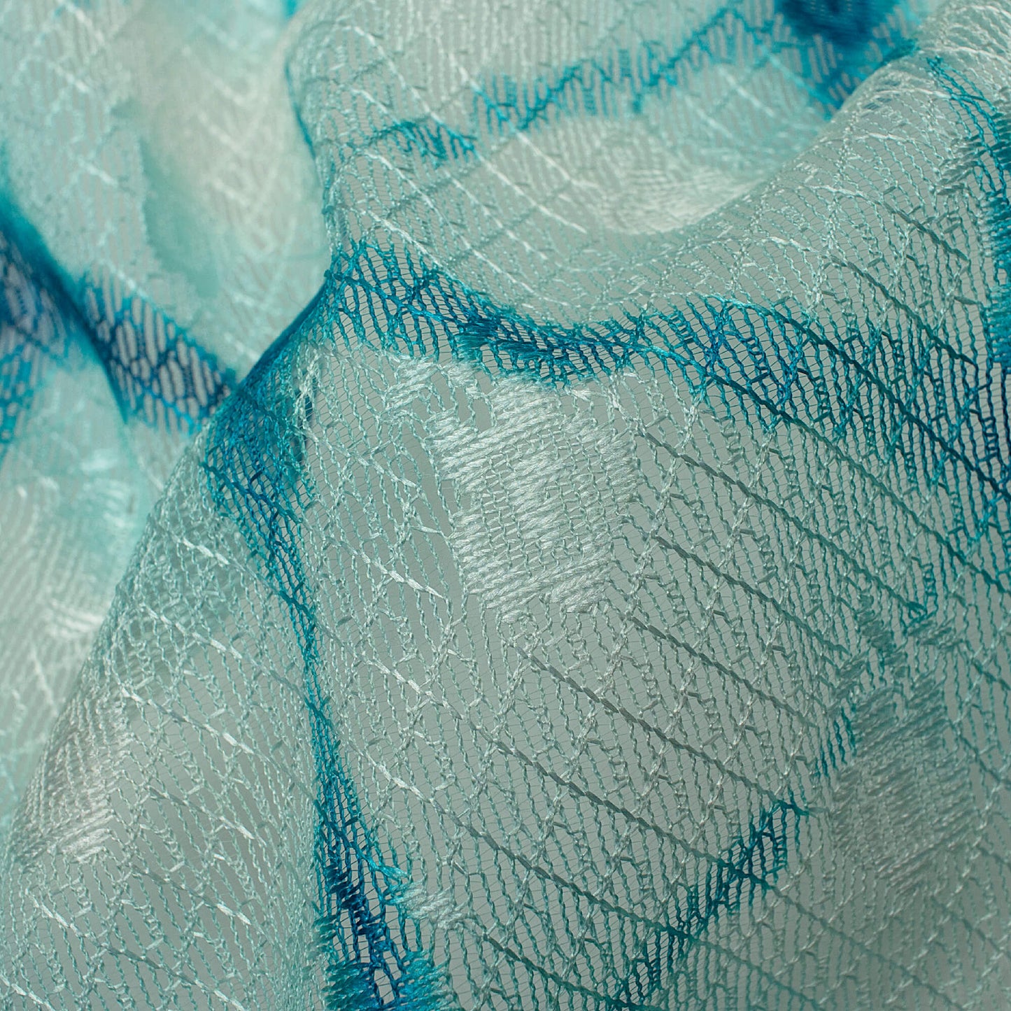 Sapphire Blue And Off White Abstract Pattern Digital Print Booti Raschel Net Fabric (Width 58 Inches)