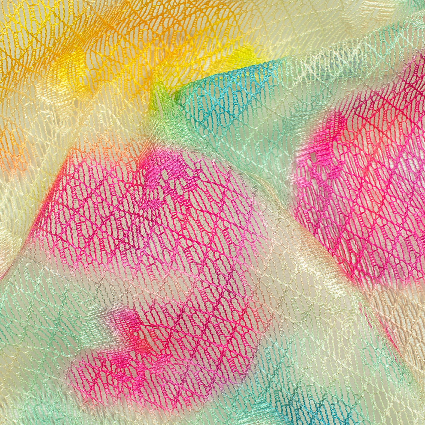Pale Yellow And Hot Pink Tie & Dye Pattern Digital Print Booti Raschel Net Fabric (Width 58 Inches)