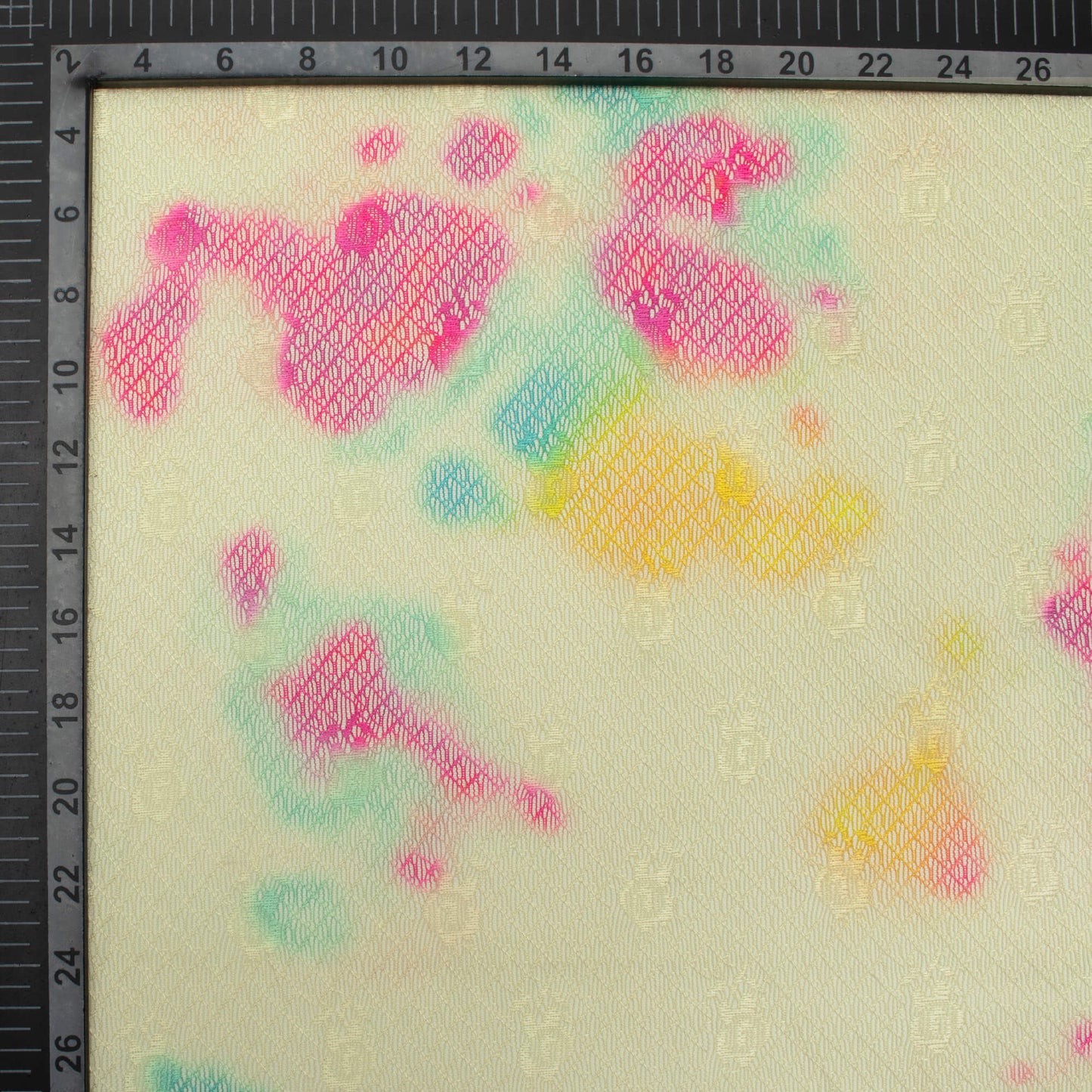 Pale Yellow And Hot Pink Tie & Dye Pattern Digital Print Booti Raschel Net Fabric (Width 58 Inches)