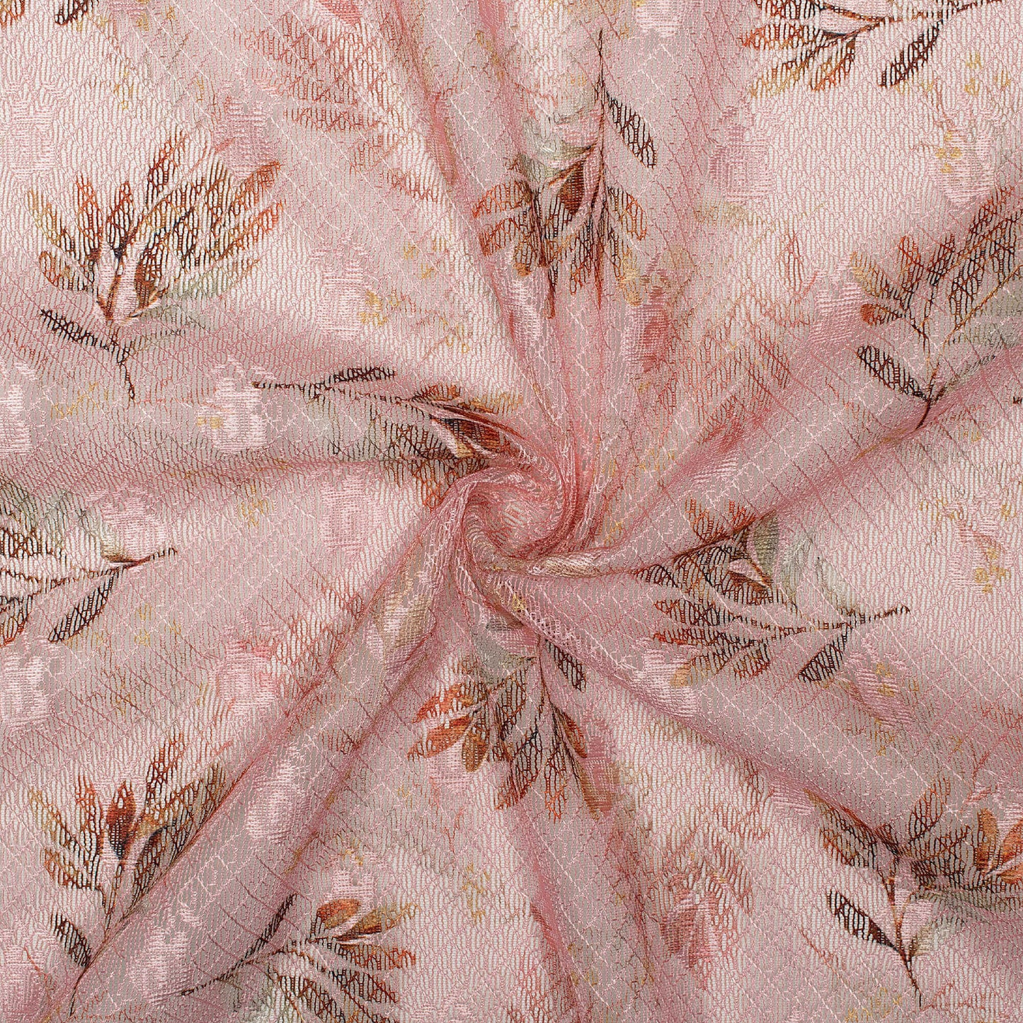 Lavender Pink Leaf Pattern Digital Print Booti Raschel Net Fabric (Width 58 Inches)