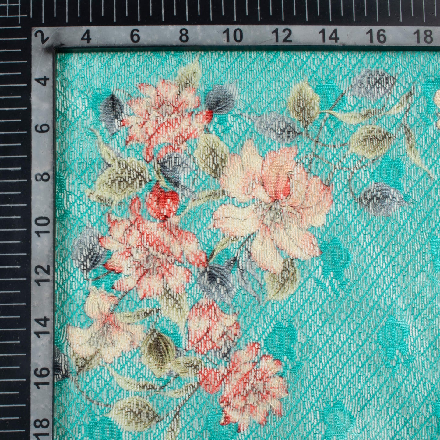 Bright Turquoise And Peach Floral Pattern Digital Print Booti Raschel Net Fabric (Width 58 Inches)