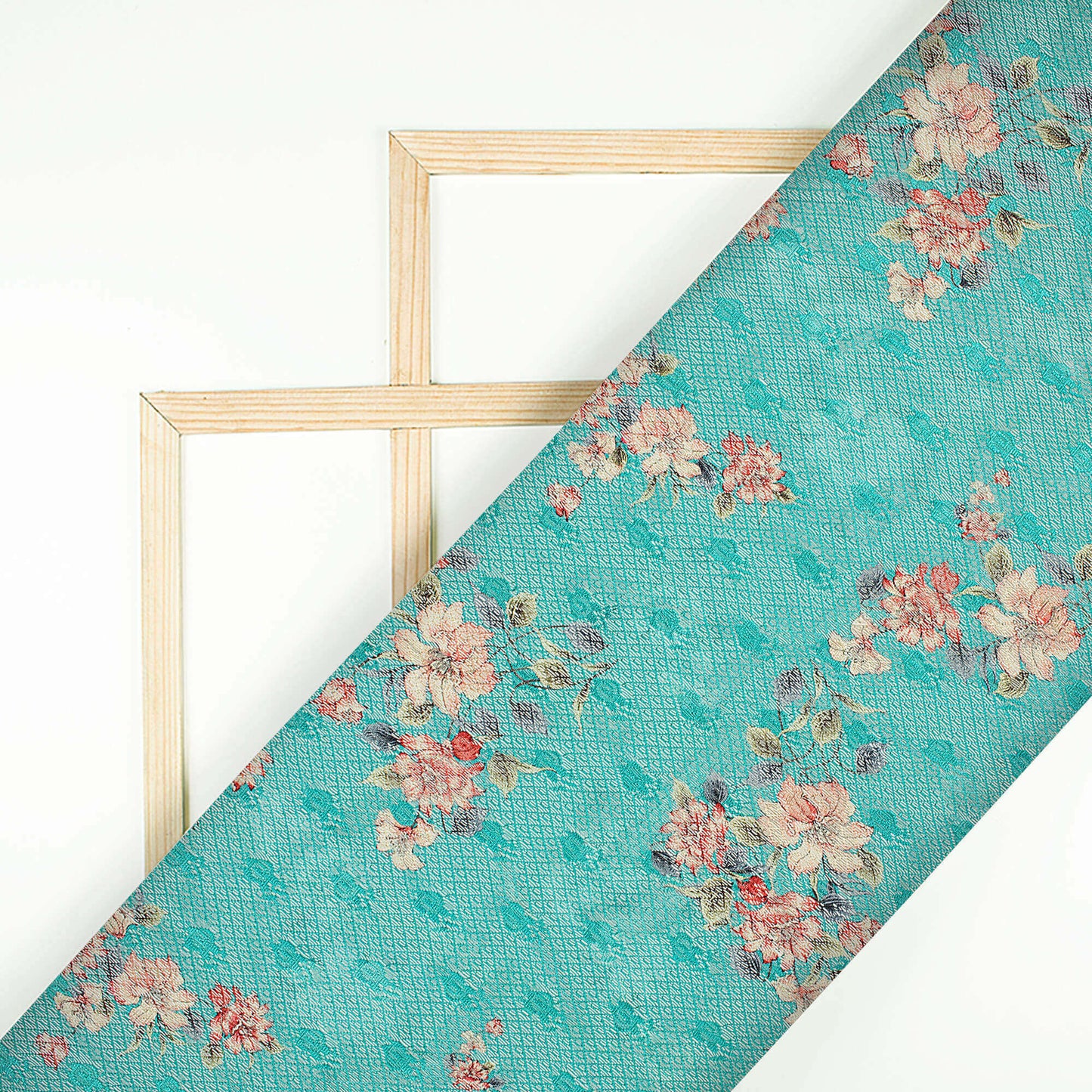 Bright Turquoise And Peach Floral Pattern Digital Print Booti Raschel Net Fabric (Width 58 Inches)