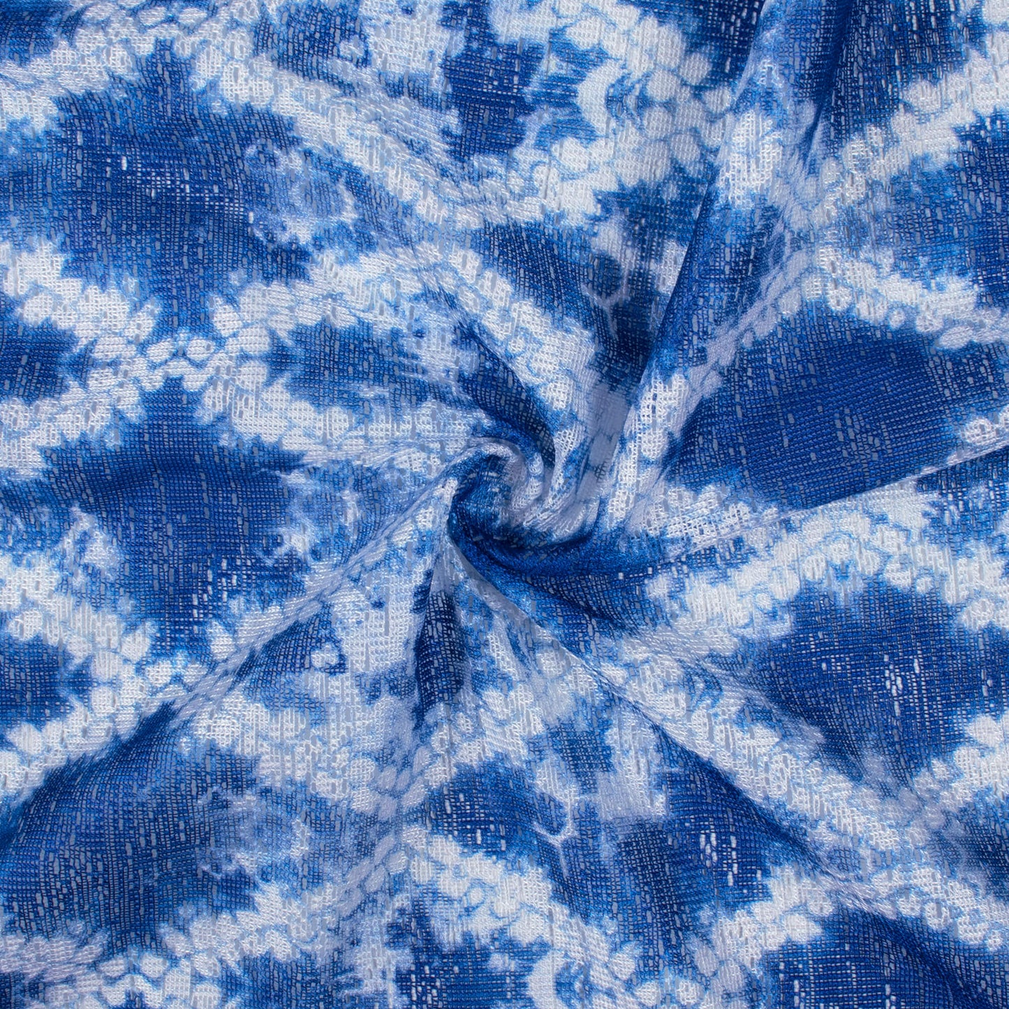 Yale Blue And White Shibori Pattern Digital Print Raschel Net Fabric (Width 58 Inches)