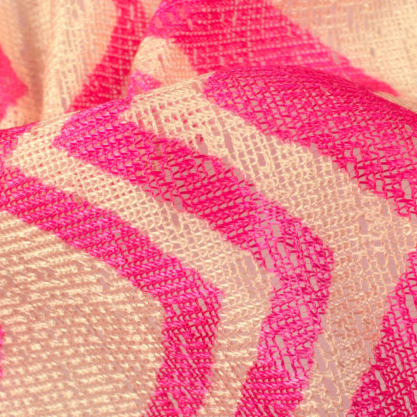 Hot Pink And Beige Chevron Pattern Digital Print Raschel Net Fabric (Width 58 Inches)