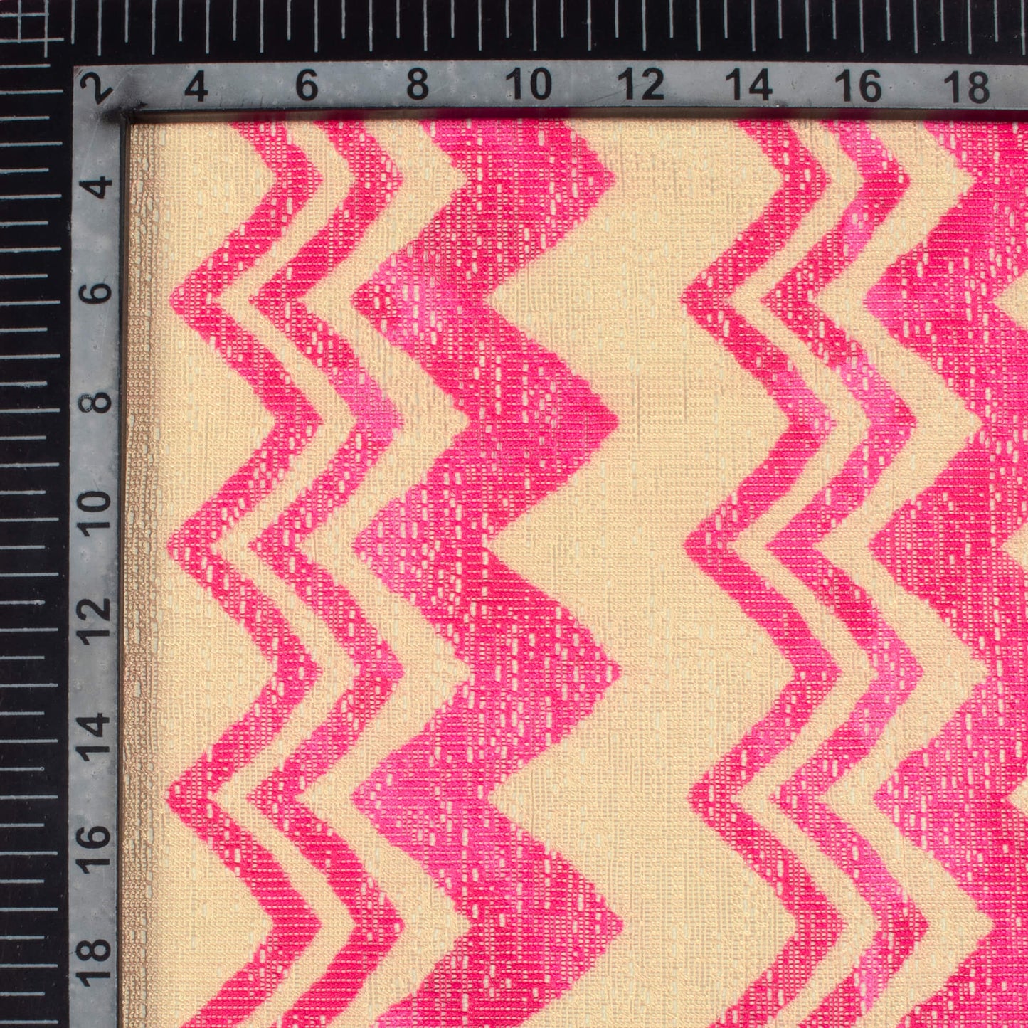 Hot Pink And Beige Chevron Pattern Digital Print Raschel Net Fabric (Width 58 Inches)