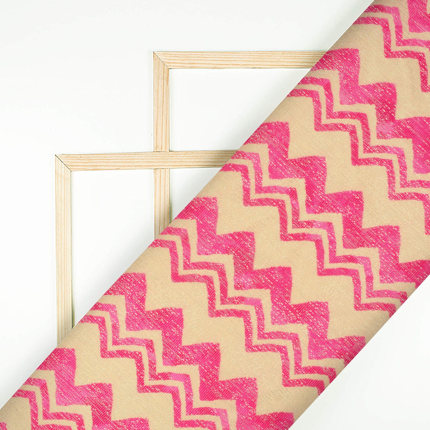 Hot Pink And Beige Chevron Pattern Digital Print Raschel Net Fabric (Width 58 Inches)