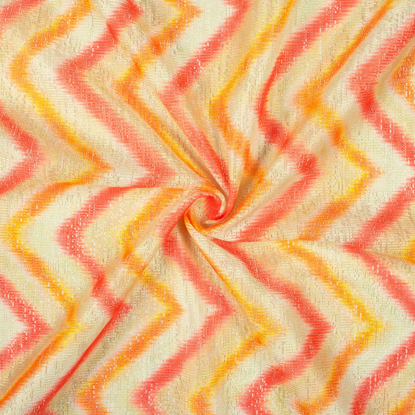 Salmon Pink And Pale Yellow Chevron Pattern Digital Print Raschel Net Fabric (Width 58 Inches)