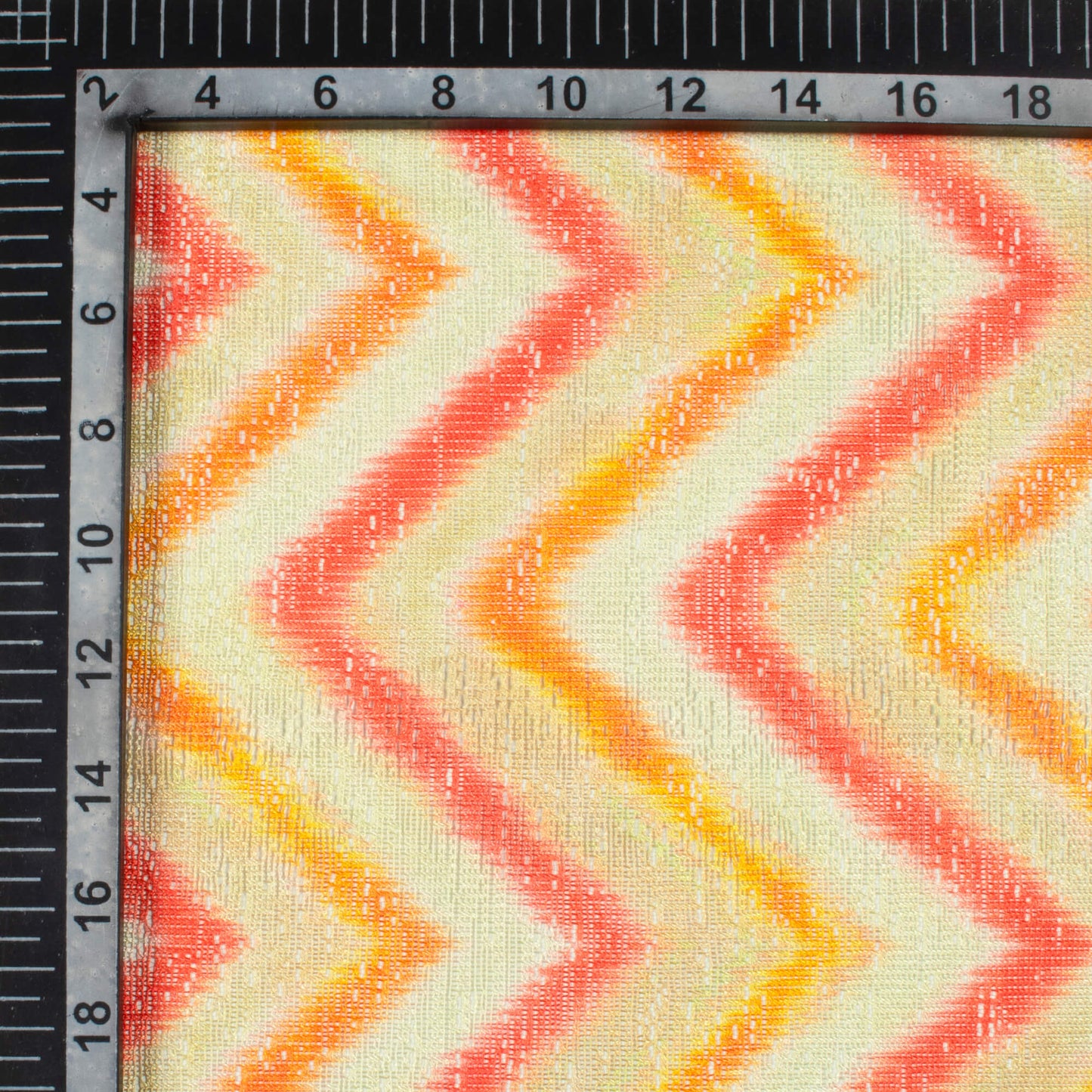 Salmon Pink And Pale Yellow Chevron Pattern Digital Print Raschel Net Fabric (Width 58 Inches)