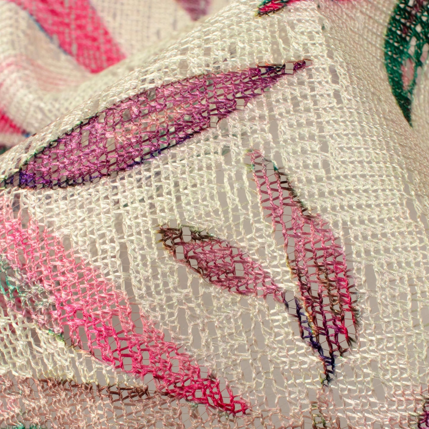 Cream And Pink Floral Pattern Digital Print Raschel Net Fabric (Width 58 Inches)