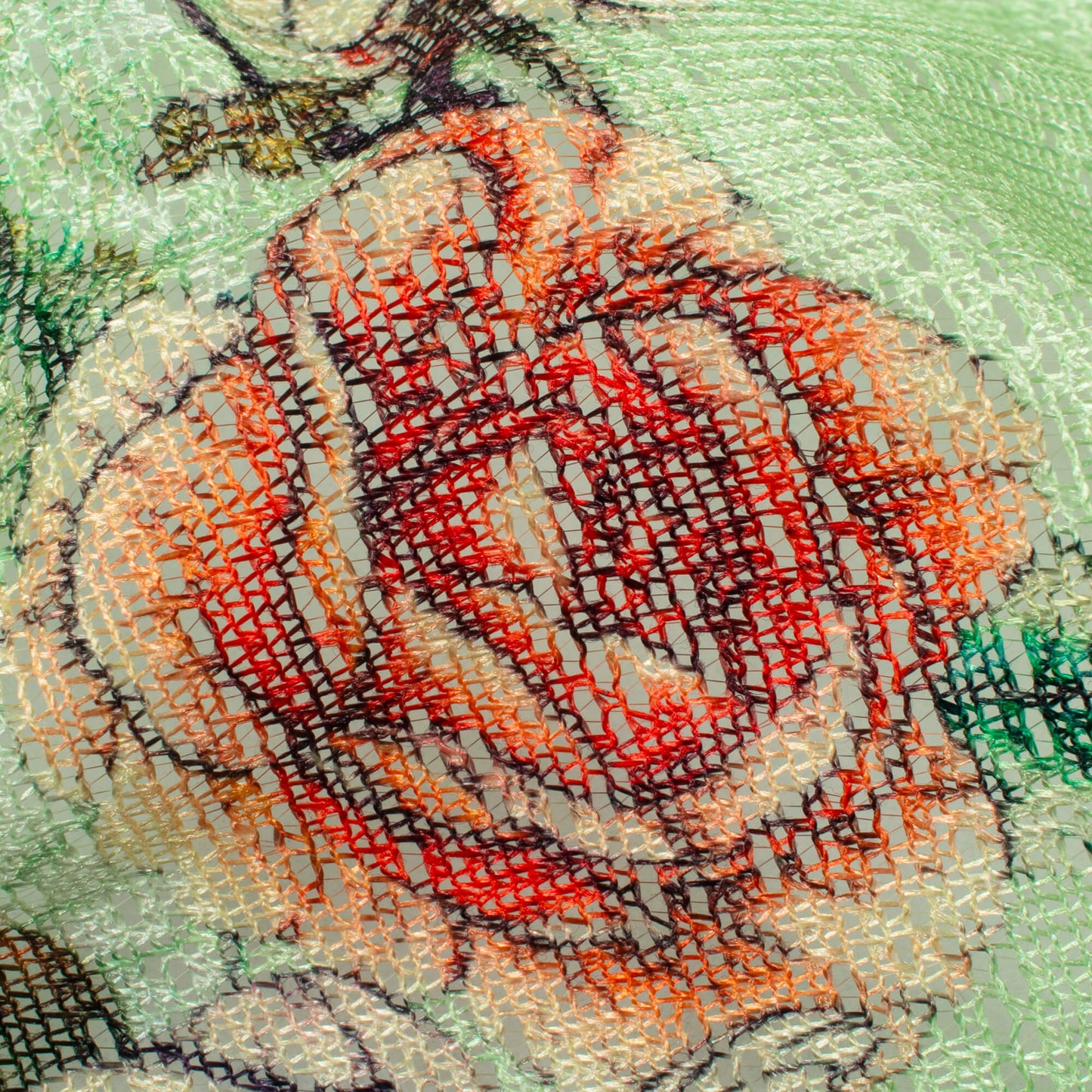 Pastel Green And Orange Floral Pattern Digital Print Raschel Net Fabric (Width 58 Inches)