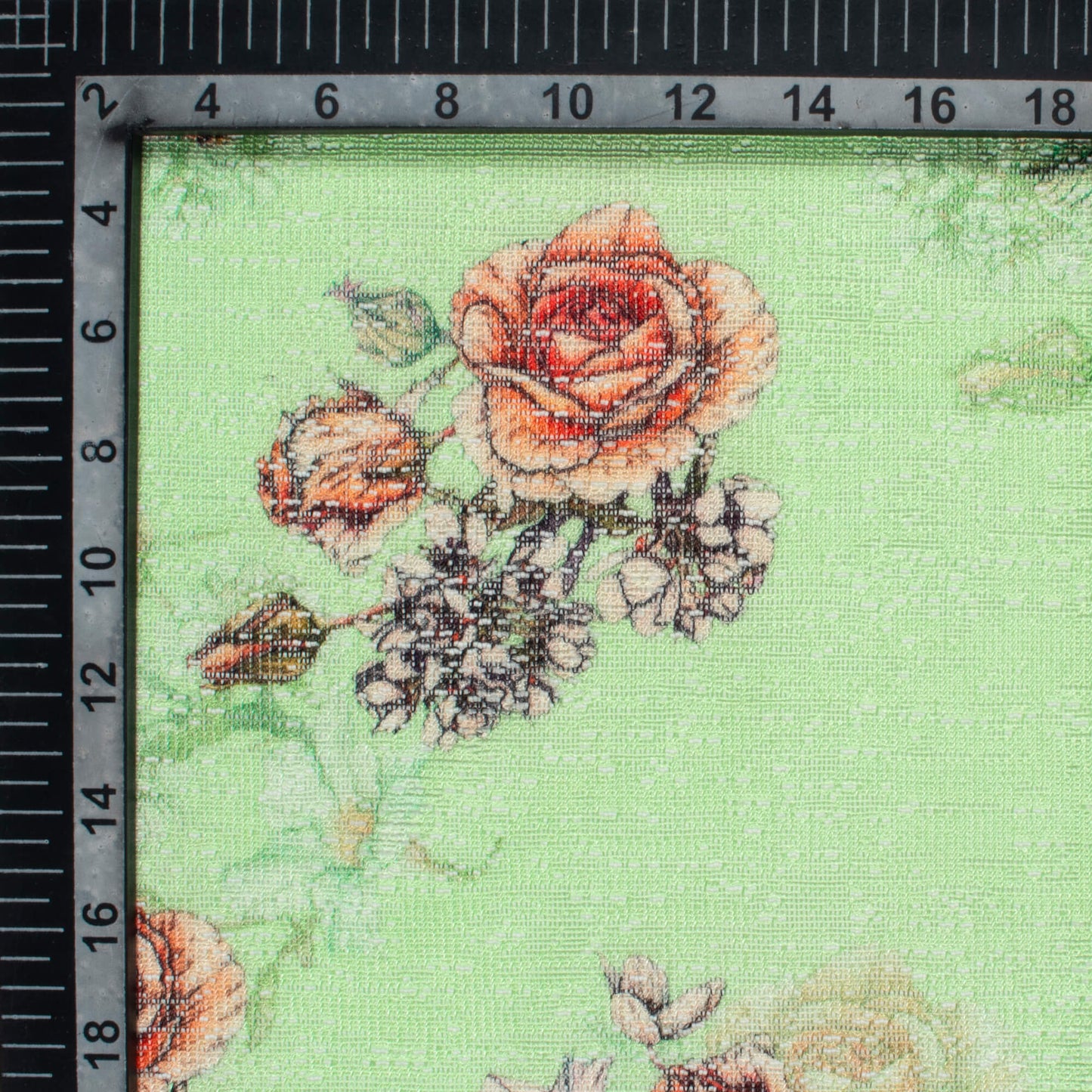 Pastel Green And Orange Floral Pattern Digital Print Raschel Net Fabric (Width 58 Inches)