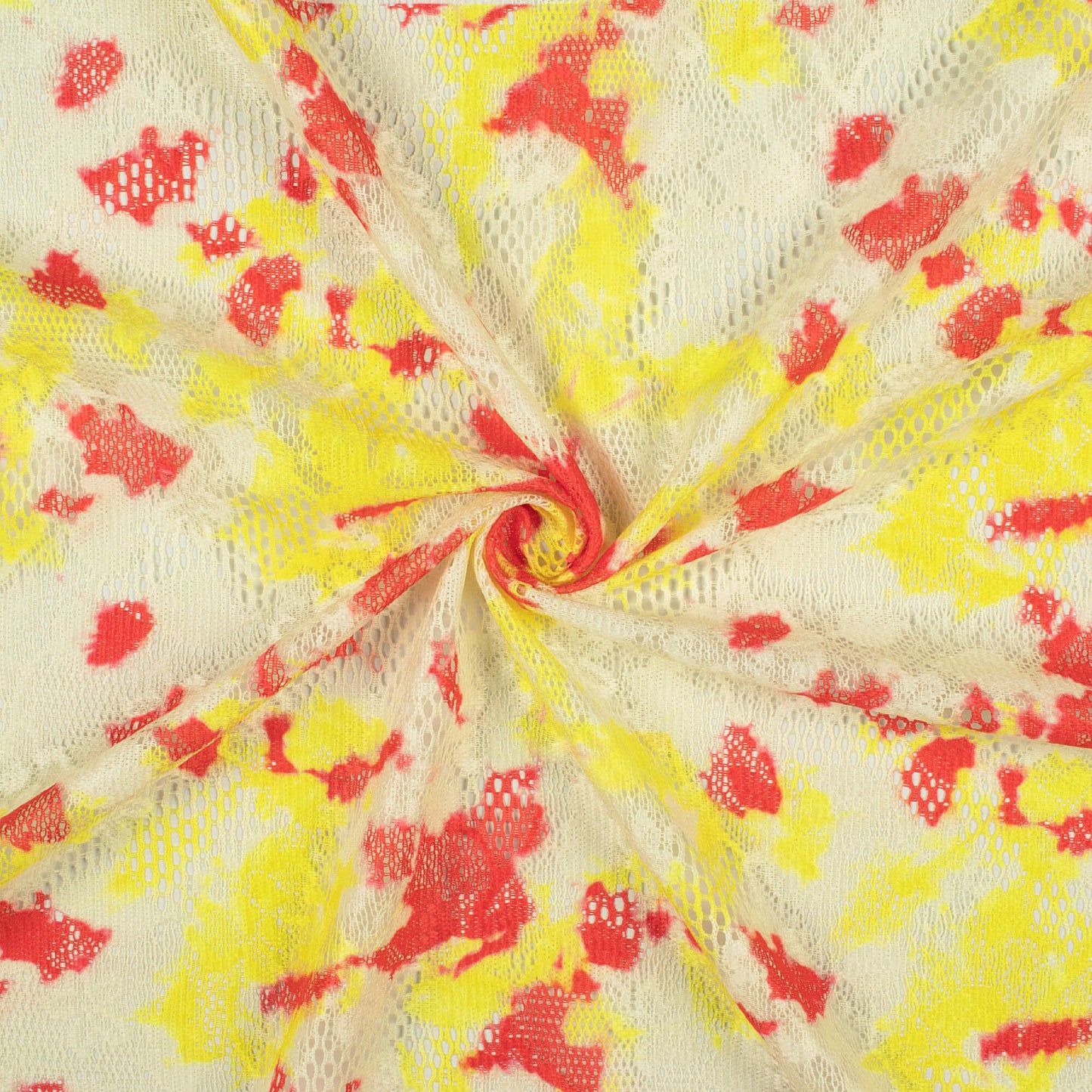 Candy Red And Lemon Yellow Tie & Dye Pattern Digital Print Floral Raschel Net Fabric (Width 58 Inches)