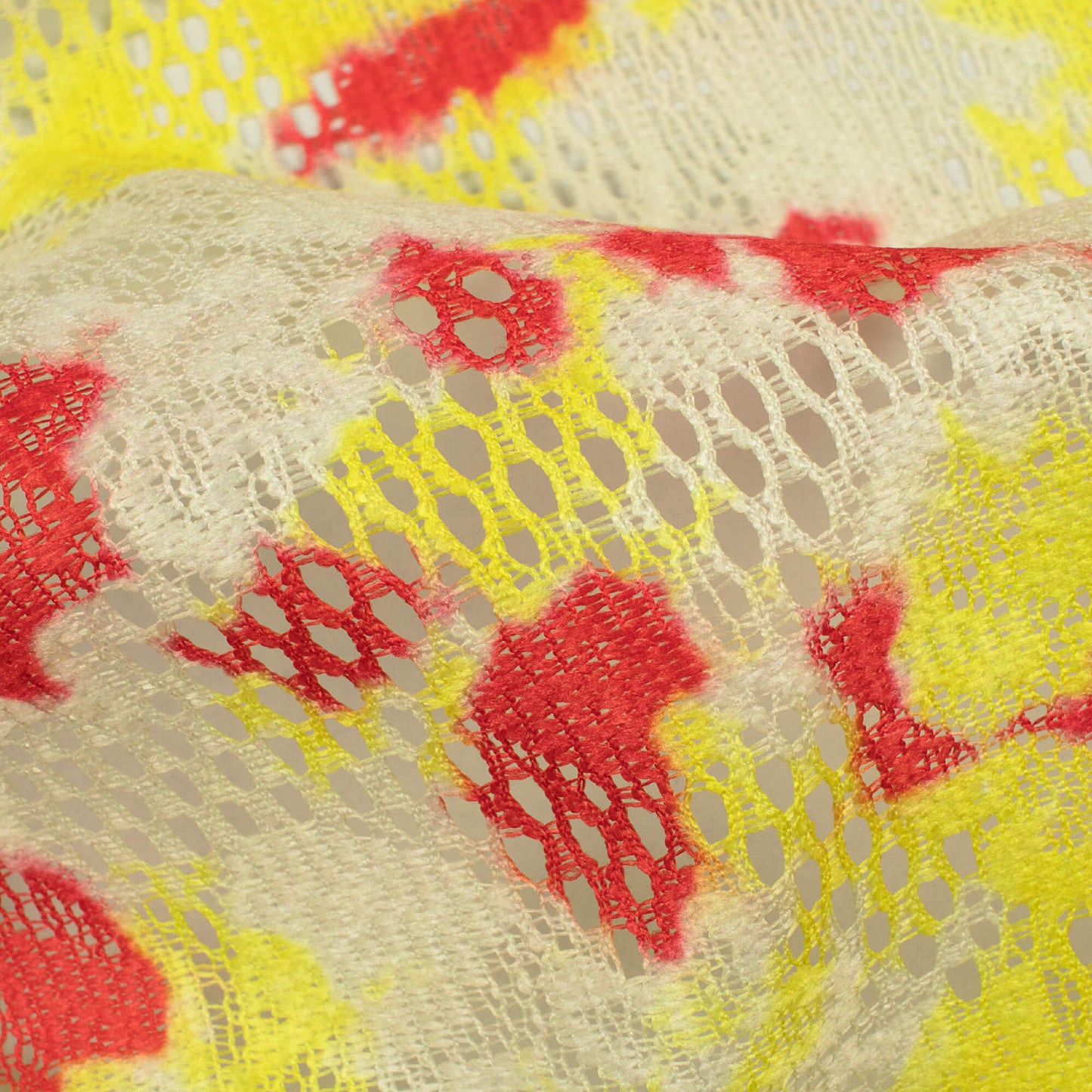 Candy Red And Lemon Yellow Tie & Dye Pattern Digital Print Floral Raschel Net Fabric (Width 58 Inches)