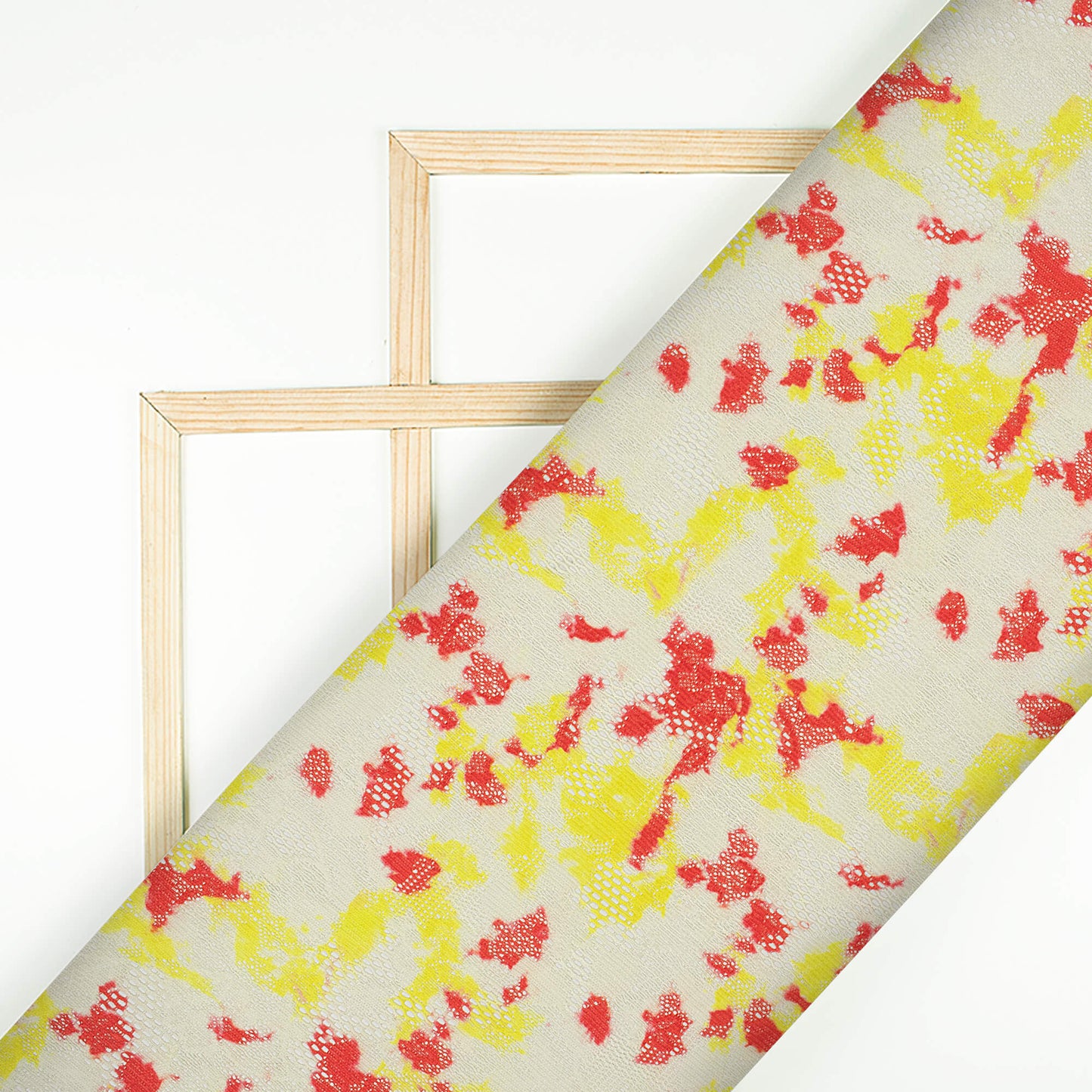 Candy Red And Lemon Yellow Tie & Dye Pattern Digital Print Floral Raschel Net Fabric (Width 58 Inches)