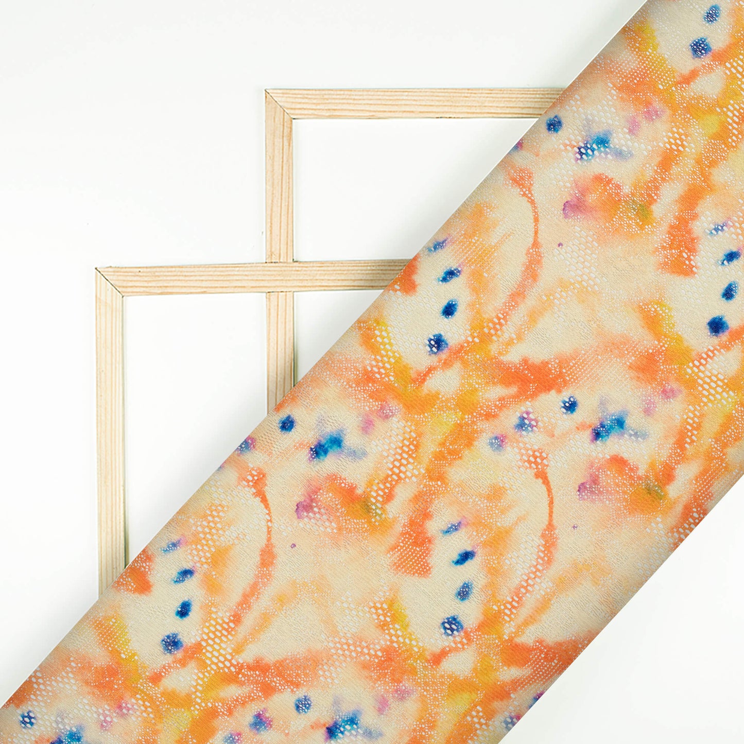 Carrot Orange And Royal Blue Abstract Pattern Digital Print Floral Raschel Net Fabric (Width 58 Inches)