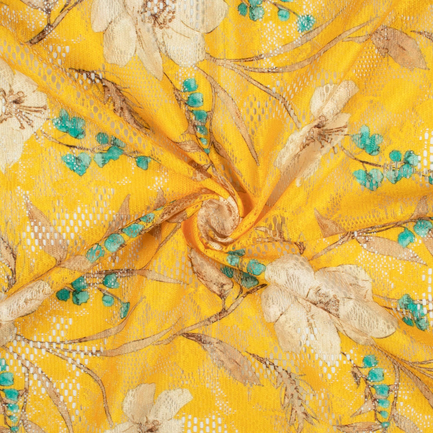 Amber Yellow And Off White Floral Pattern Digital Print Floral Raschel Net Fabric (Width 58 Inches)