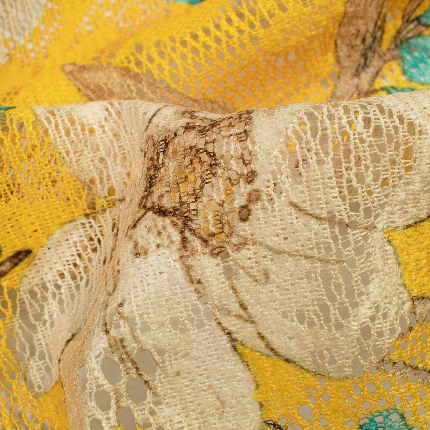 Amber Yellow And Off White Floral Pattern Digital Print Floral Raschel Net Fabric (Width 58 Inches)