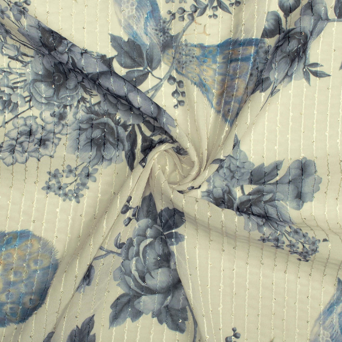 Oat Beige And Dolphin Grey Peacock Feather Pattern Digital Print Premium Sequins Georgette Fabric