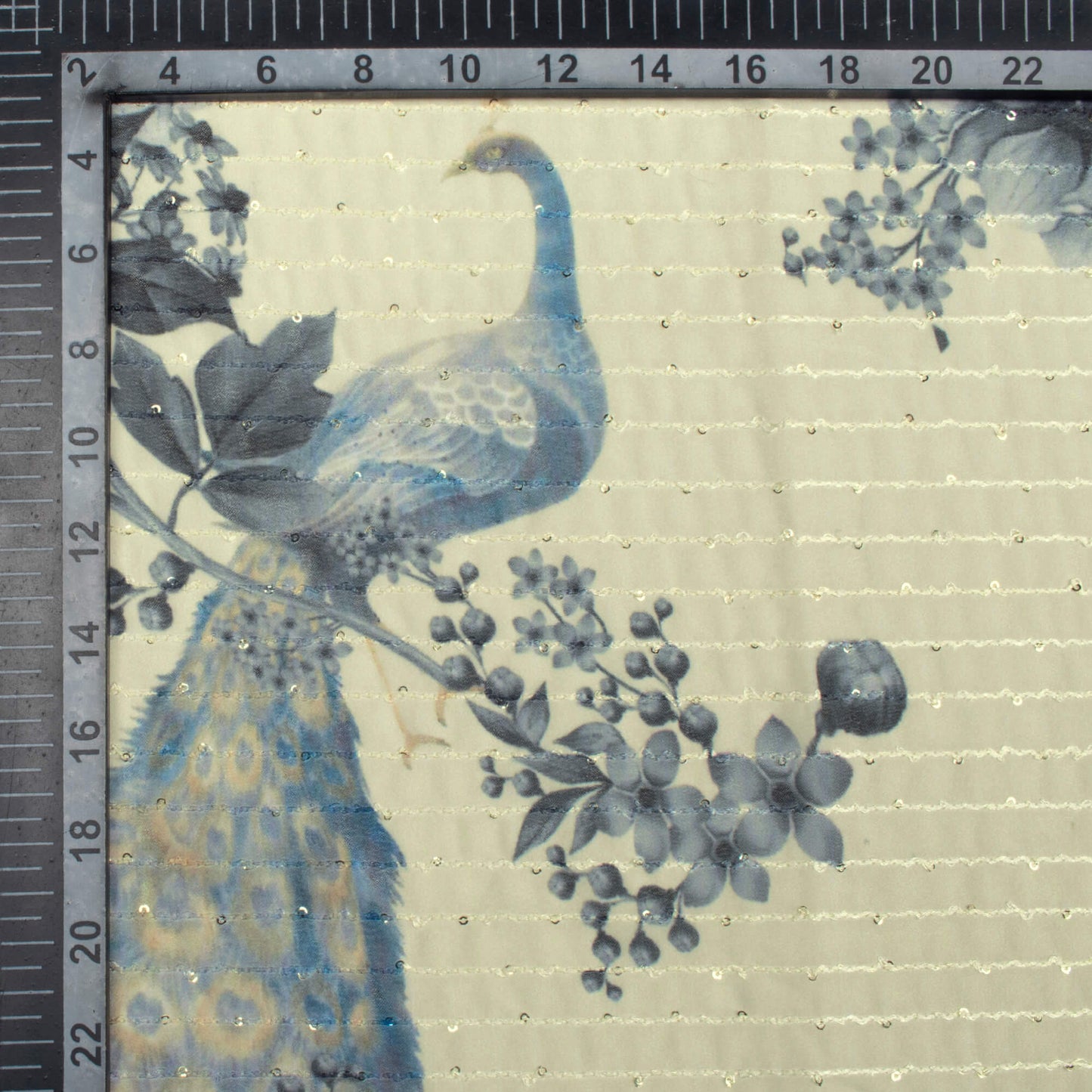 Oat Beige And Dolphin Grey Peacock Feather Pattern Digital Print Premium Sequins Georgette Fabric