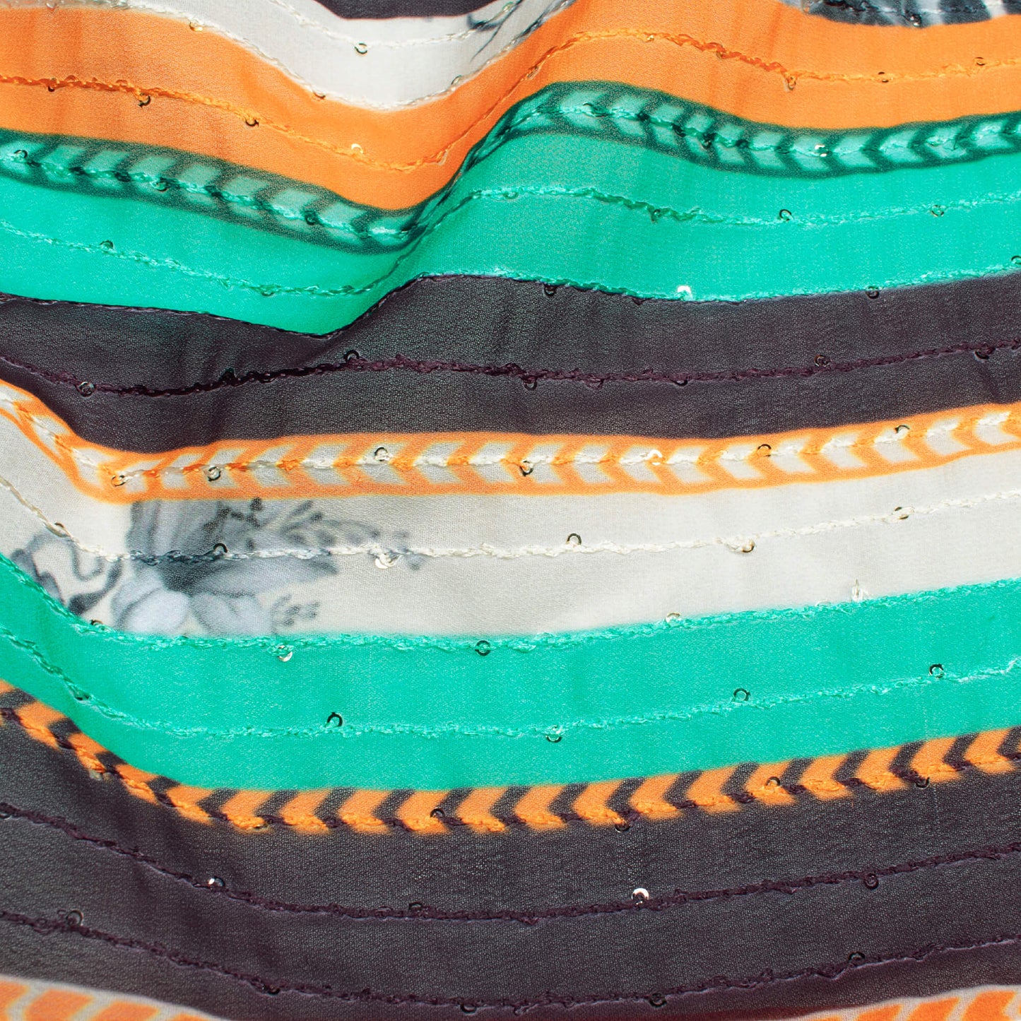 Ocean Green And Carrot Orange Stripes Pattern Digital Print Premium Sequins Georgette Fabric