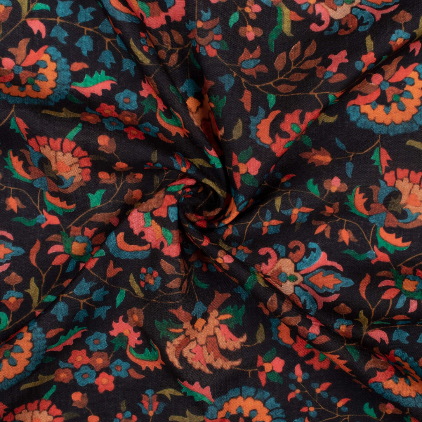 Black And Cherry Red Floral Pattern Digital Print Poly Cambric Fabric