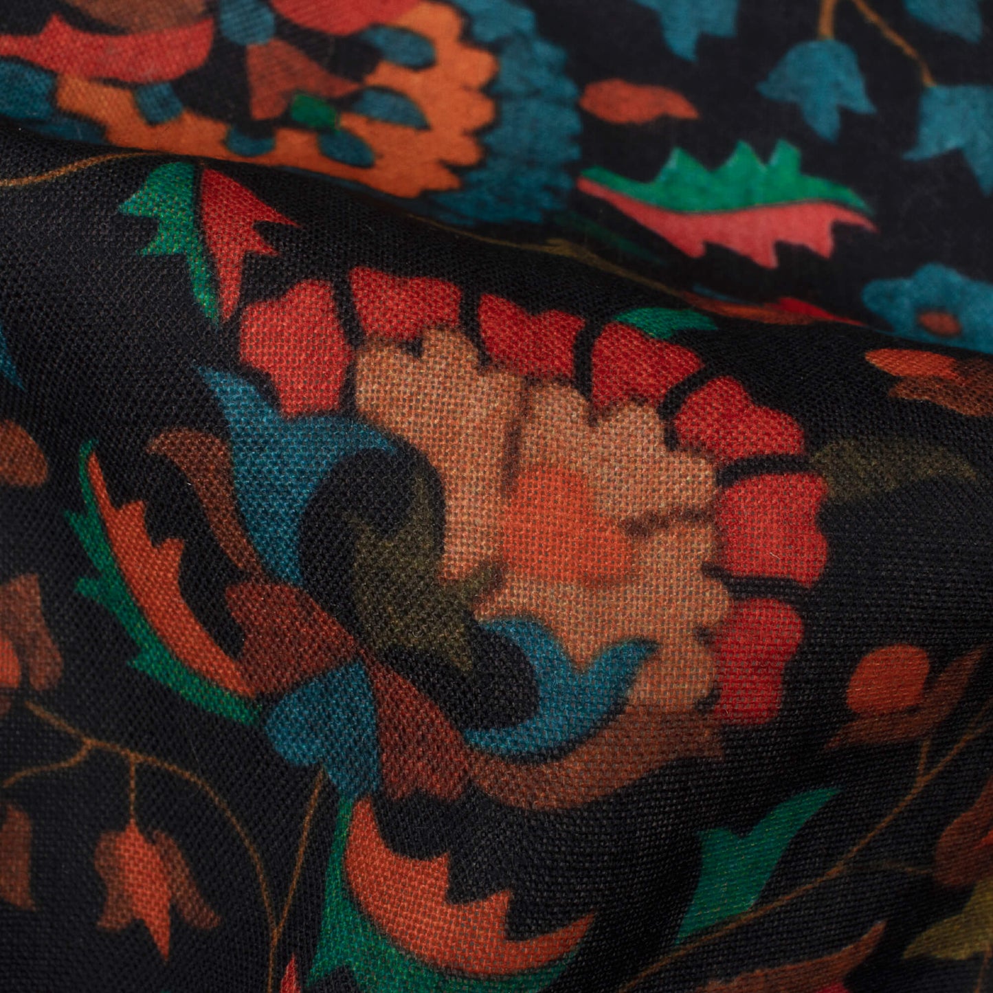 Black And Cherry Red Floral Pattern Digital Print Poly Cambric Fabric