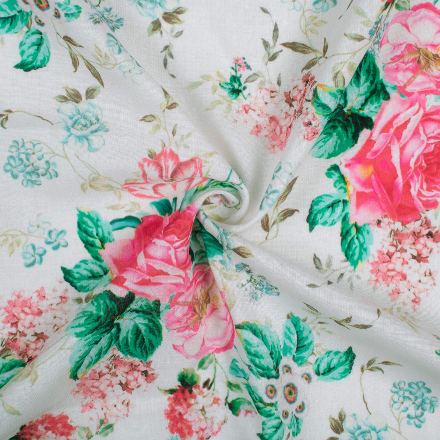 White And Rose Pink Floral Pattern Digital Print Poly Cambric Fabric
