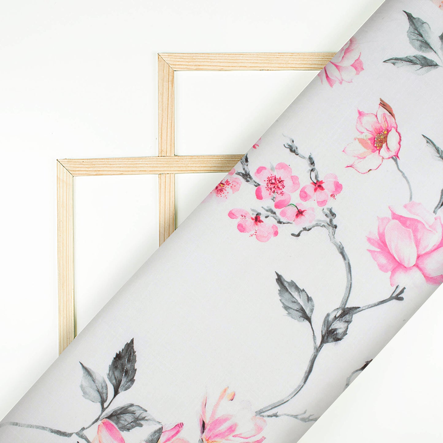 Premium White And Rose Pink Floral Pattern Digital Print Poly Linen Fabric