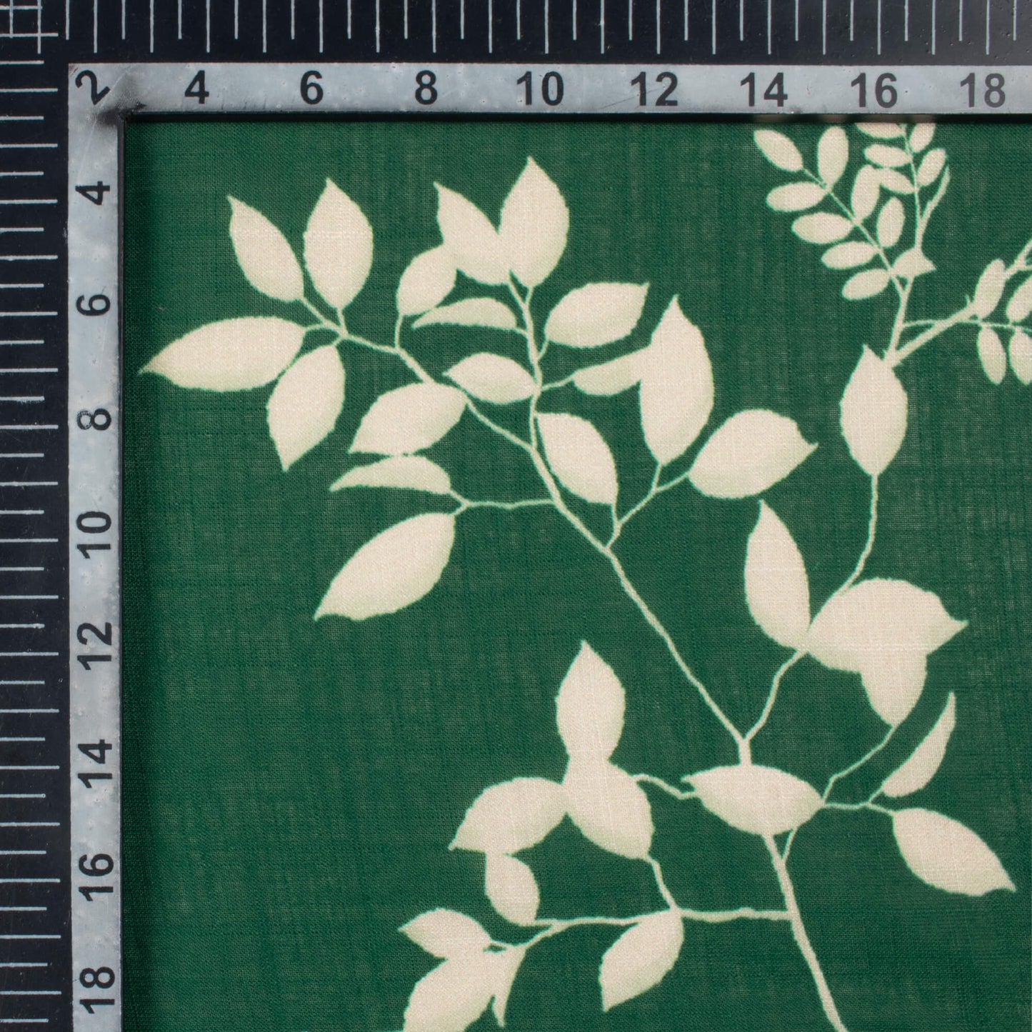 Bottle Green And Beige Leaf Pattern Digital Print Poly Linen Fabric