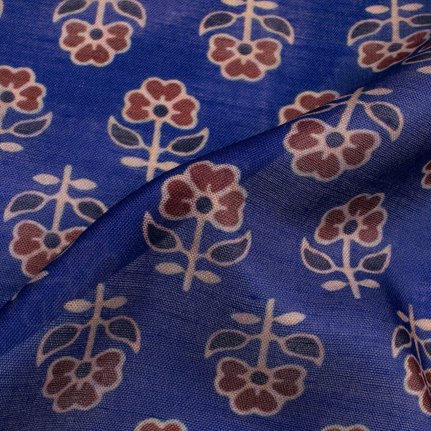 Aegean Blue And Barn Red Floral Pattern Digital Print Poly Mulmul Fabric (Width 40 Inches)