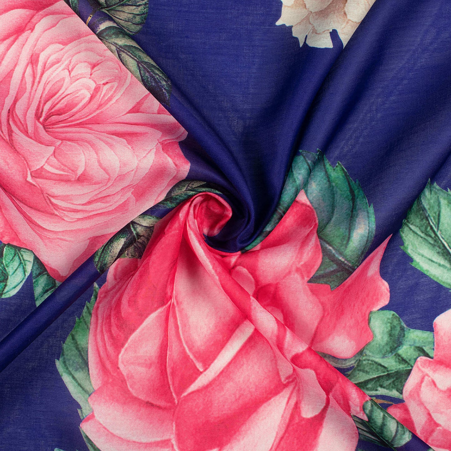Royal Blue And Rose Pink Floral Pattern Digital Print Poly Mulmul Fabric (Width 40 Inches)