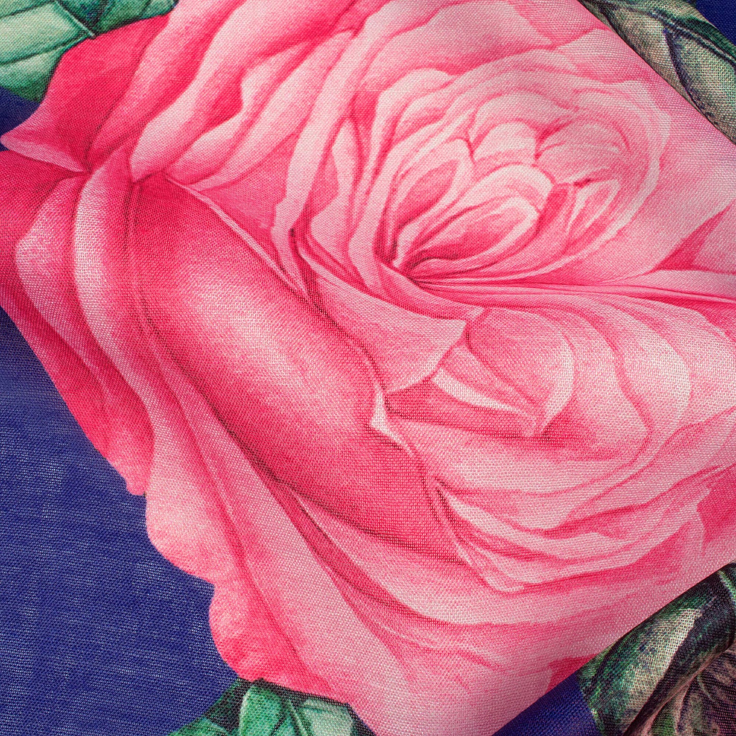 Royal Blue And Rose Pink Floral Pattern Digital Print Poly Mulmul Fabric (Width 40 Inches)
