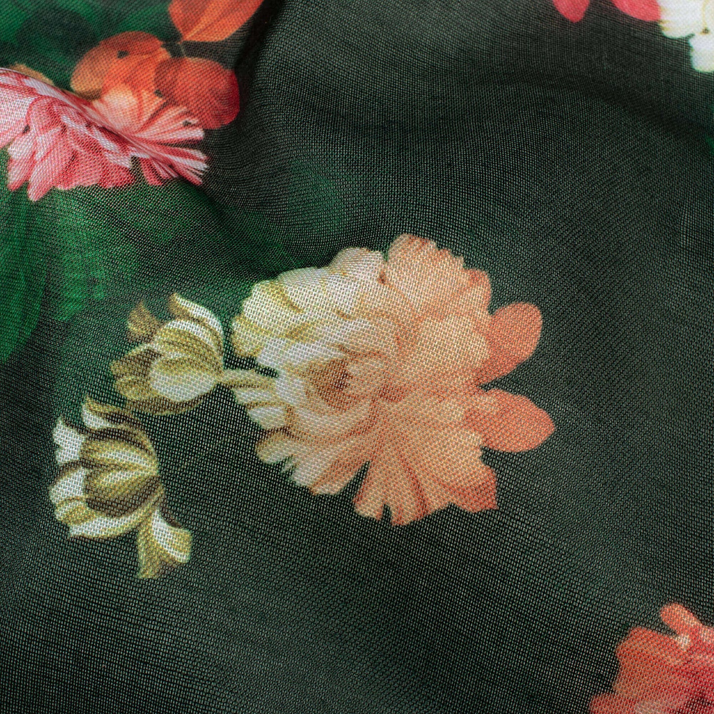 Bottle Green And Rose Pink Floral Pattern Digital Print Poly Mulmul Fabric (Width 40 Inches)