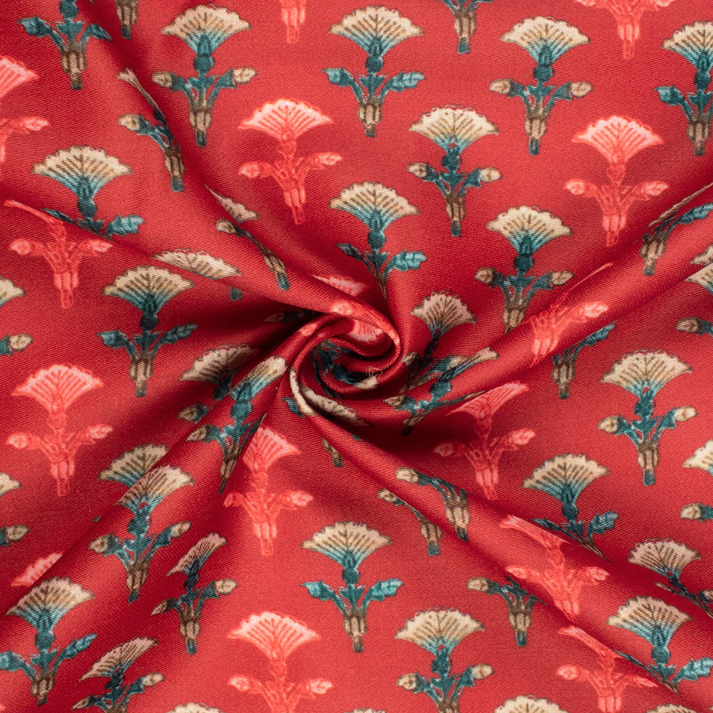 Vermillion Red And Brick Pink Floral Pattern Digital Print Poly Glazed Cotton Fabric