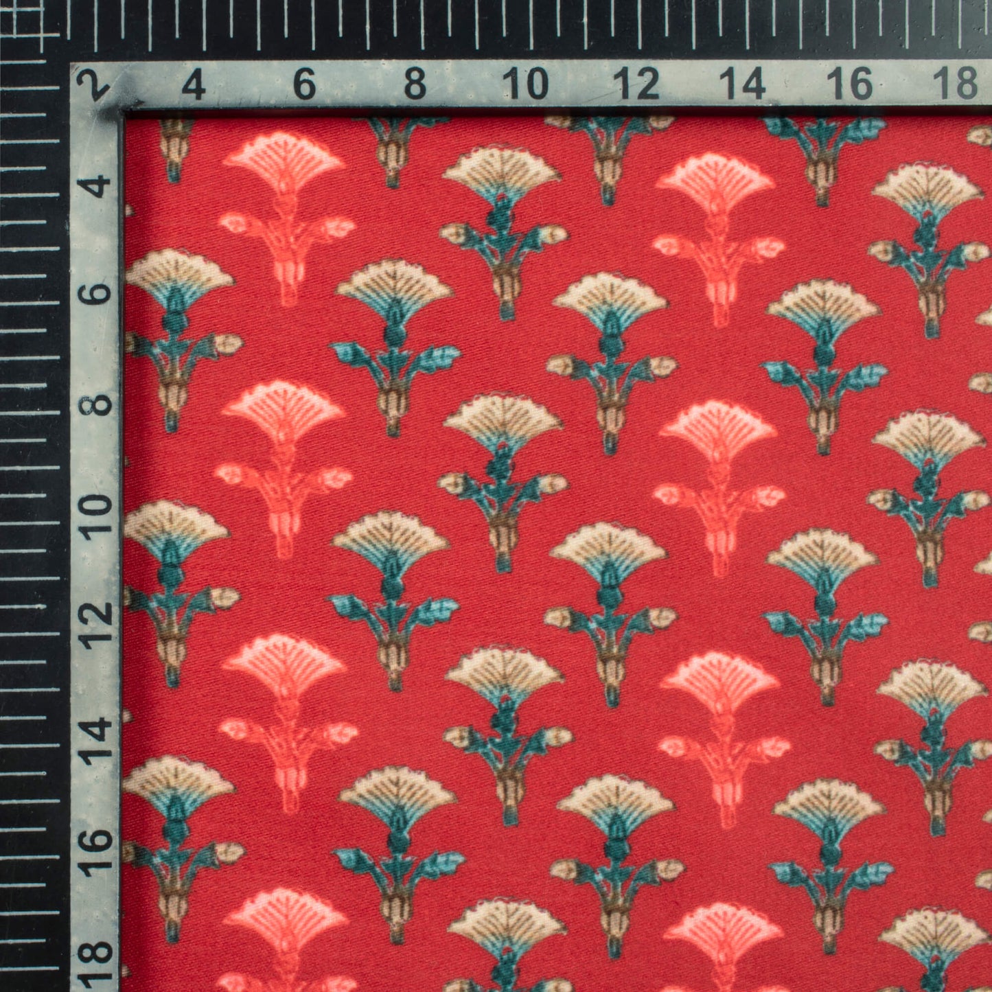 Vermillion Red And Brick Pink Floral Pattern Digital Print Poly Glazed Cotton Fabric