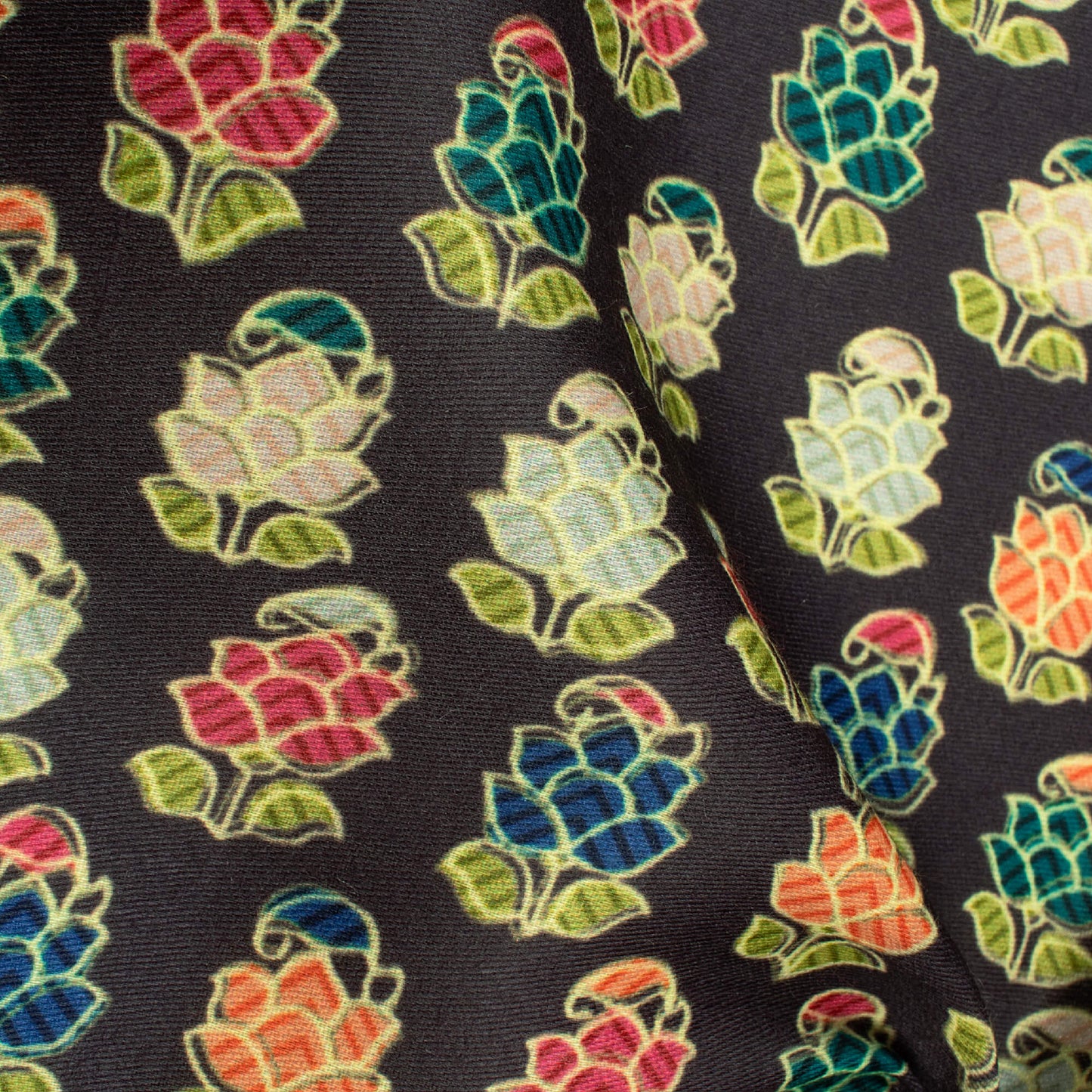 Black And Navy Blue Ajrakh Pattern Digital Print Poly Glazed Cotton Fabric