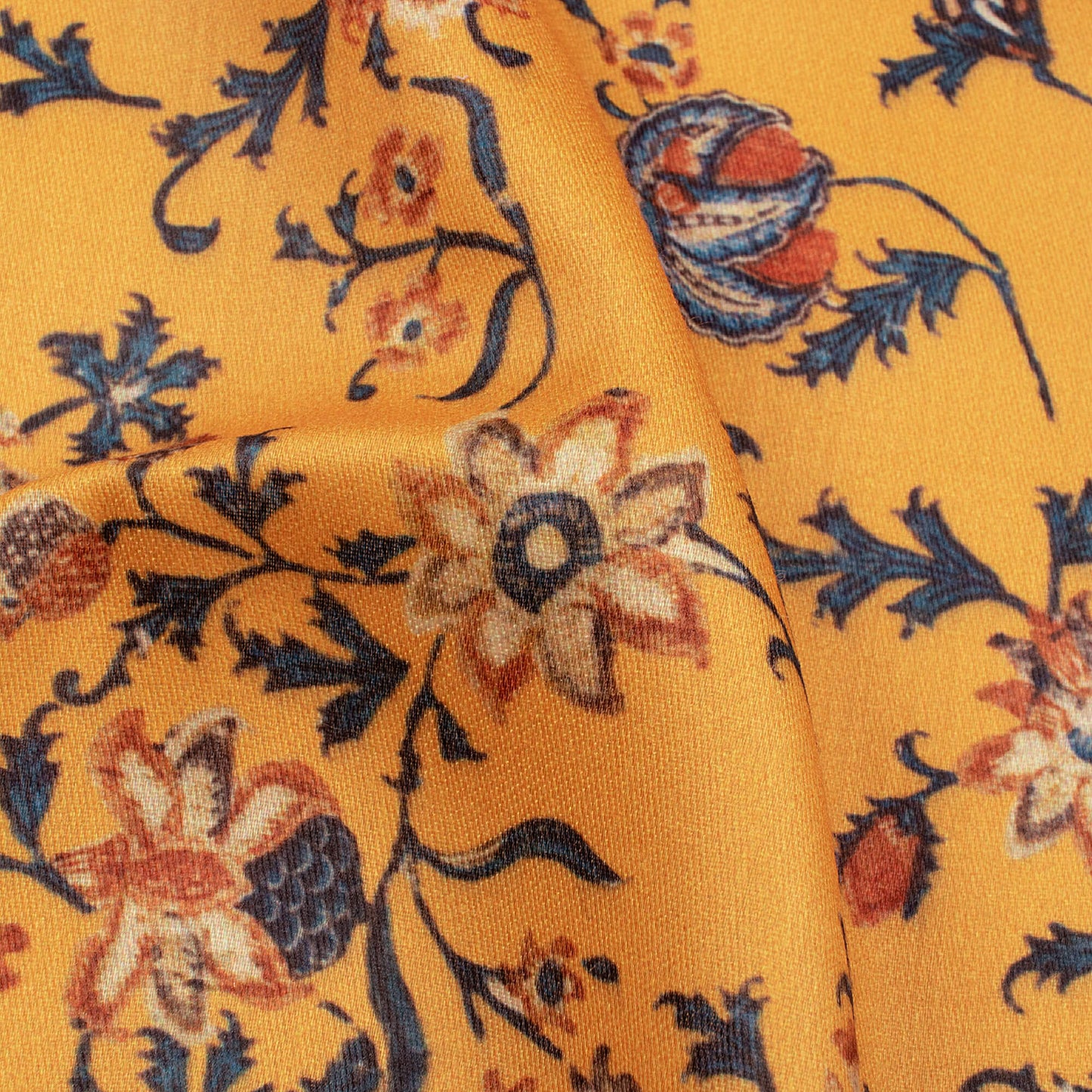 Amber Yellow And Blue Floral Pattern Digital Print Poly Glazed Cotton Fabric