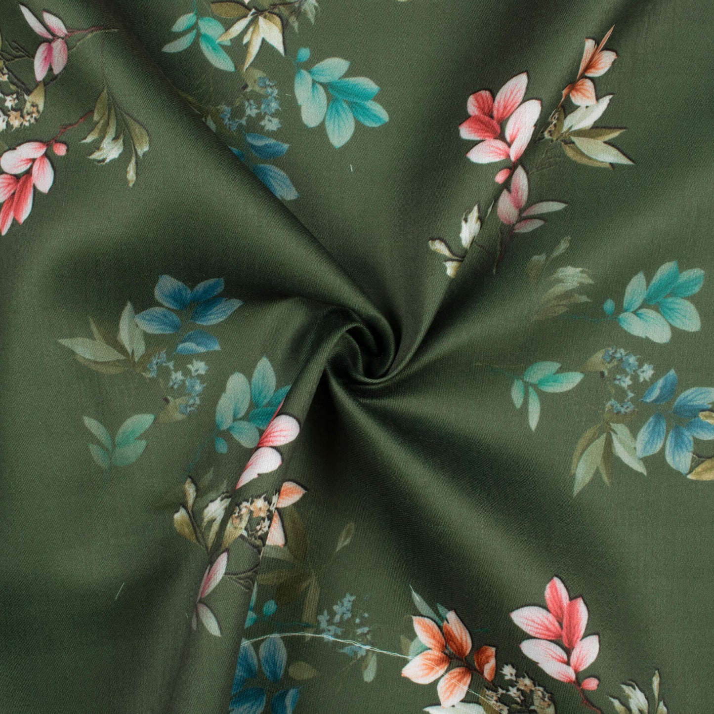 Hunter Green And Pink Floral Pattern Digital Print Poly Glazed Cotton Fabric