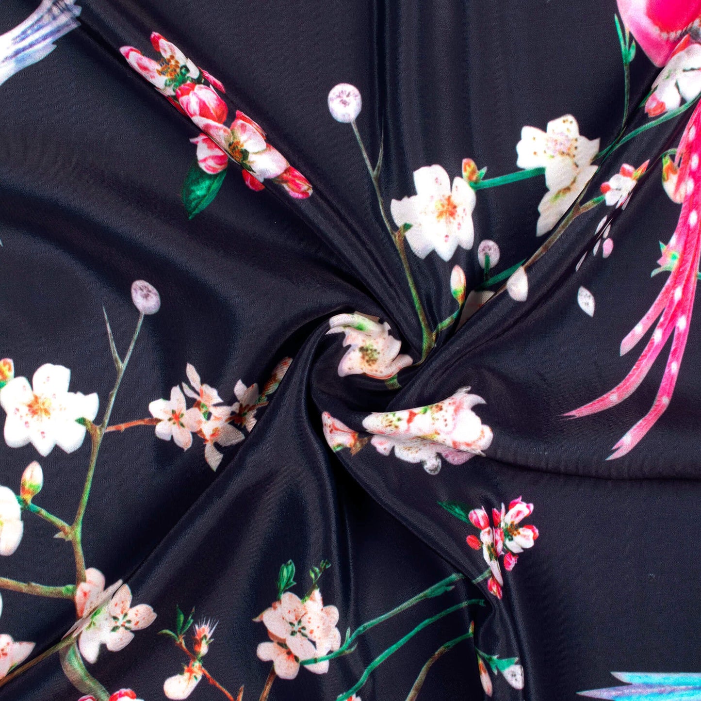 Navy Blue And Hot Pink Floral Pattern Digital Print Crisp Silk Fabric